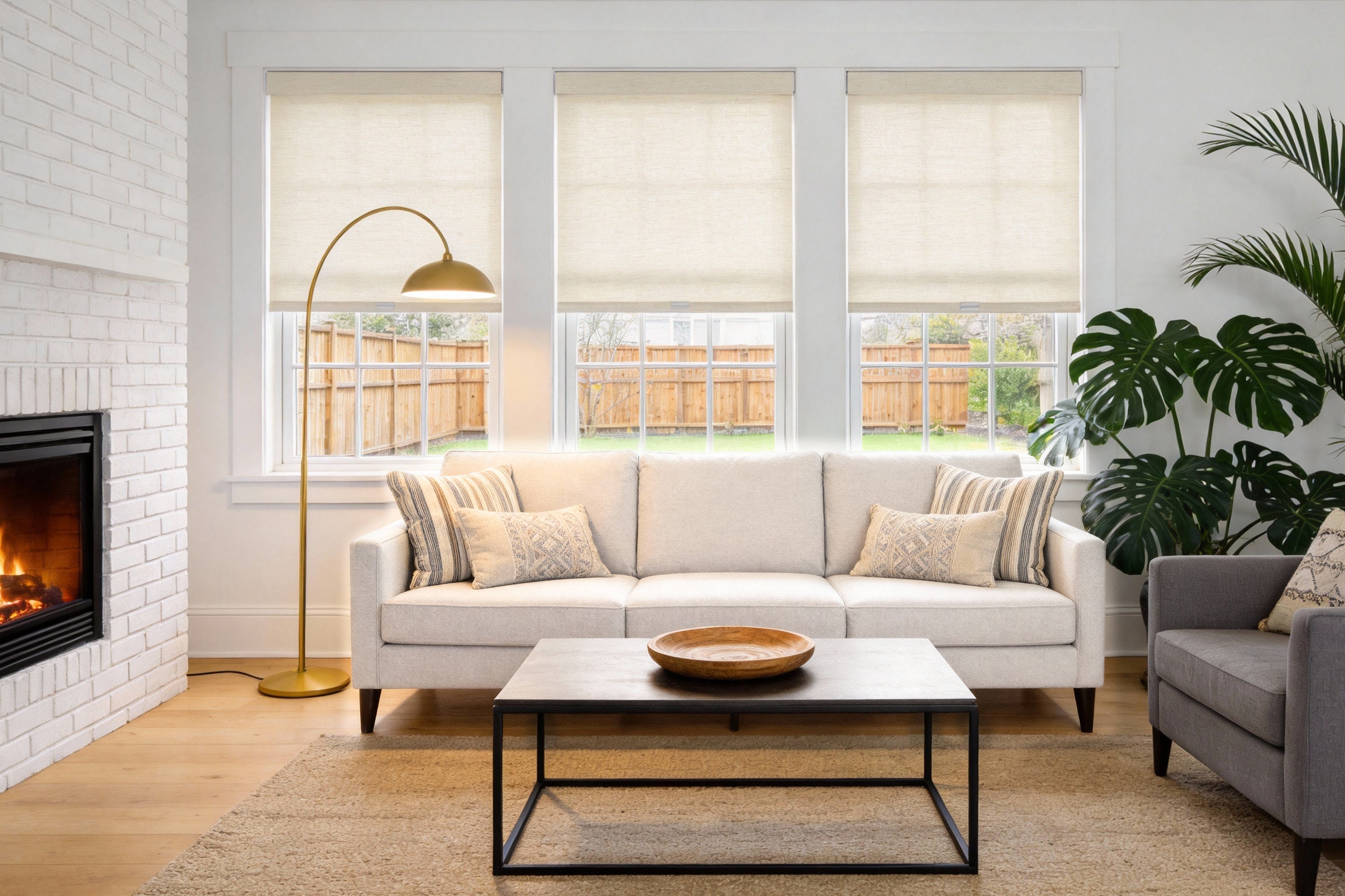 three light filtering cordless Roman shades in a neutral beige fabric provide a clean and modern window treatment for a living room