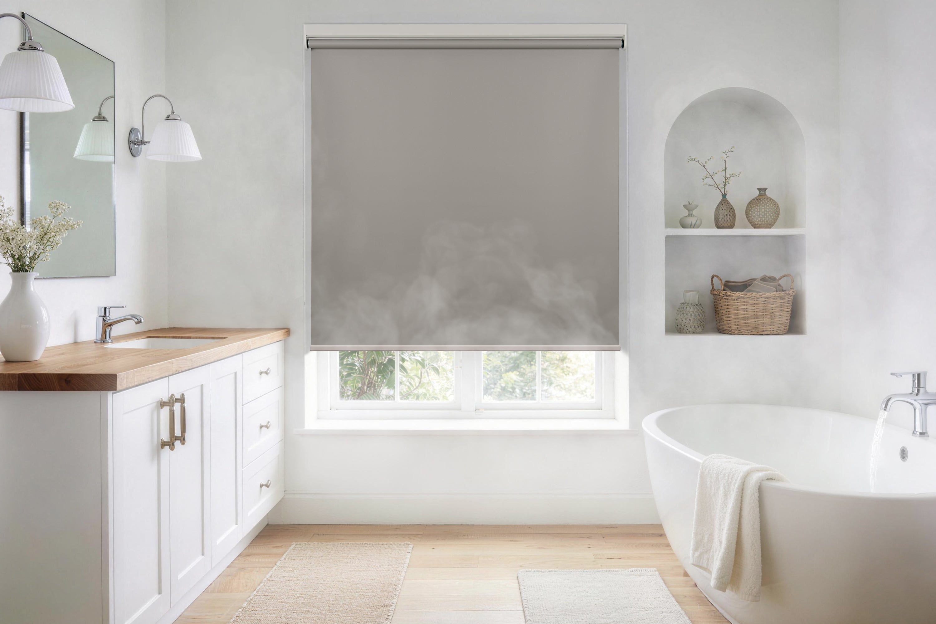 a gray cordless roller shade provides privacy and modern style in a bright, steamy bathroom featuring a white soaking tub and wooden vanity