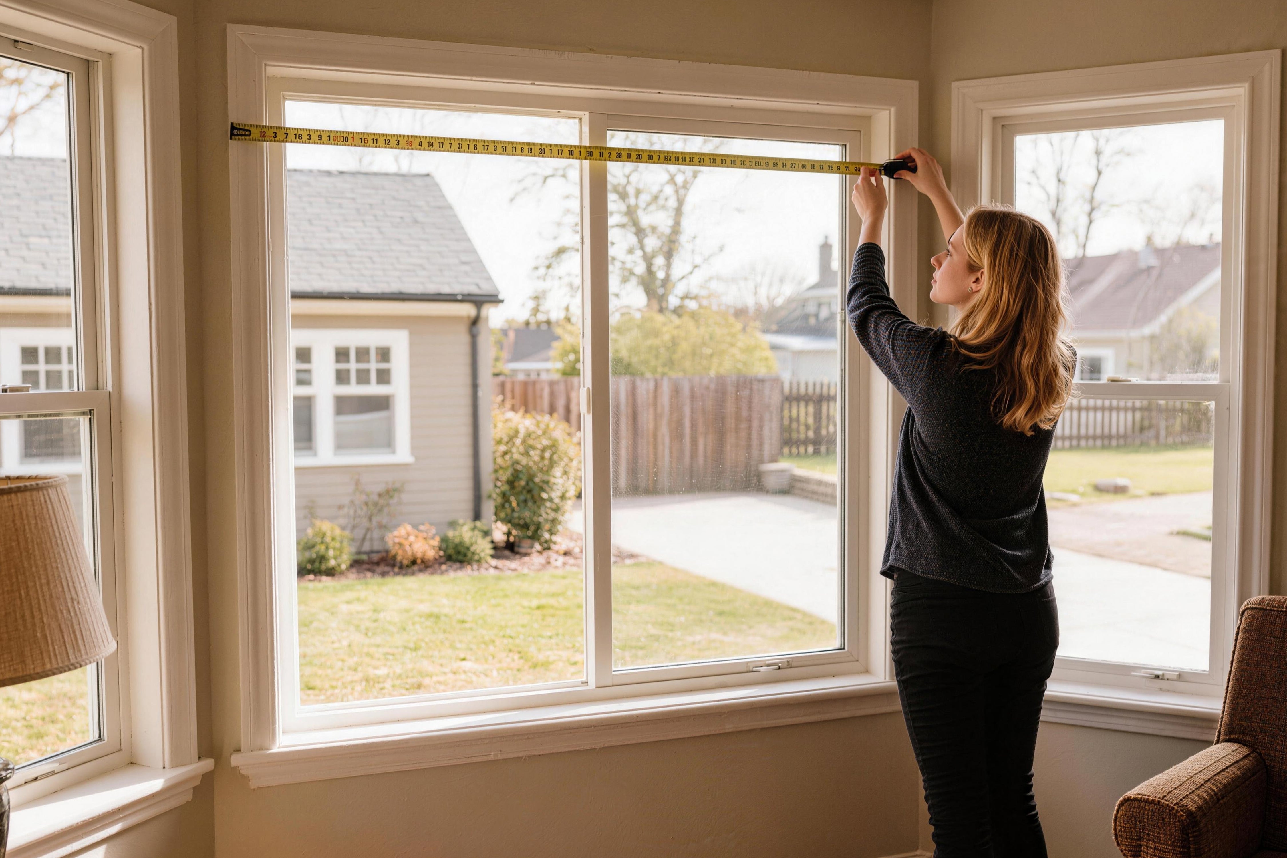 a woman uses a tape measure to find the exact width of a wide window frame to ensure her new shades fit perfectly