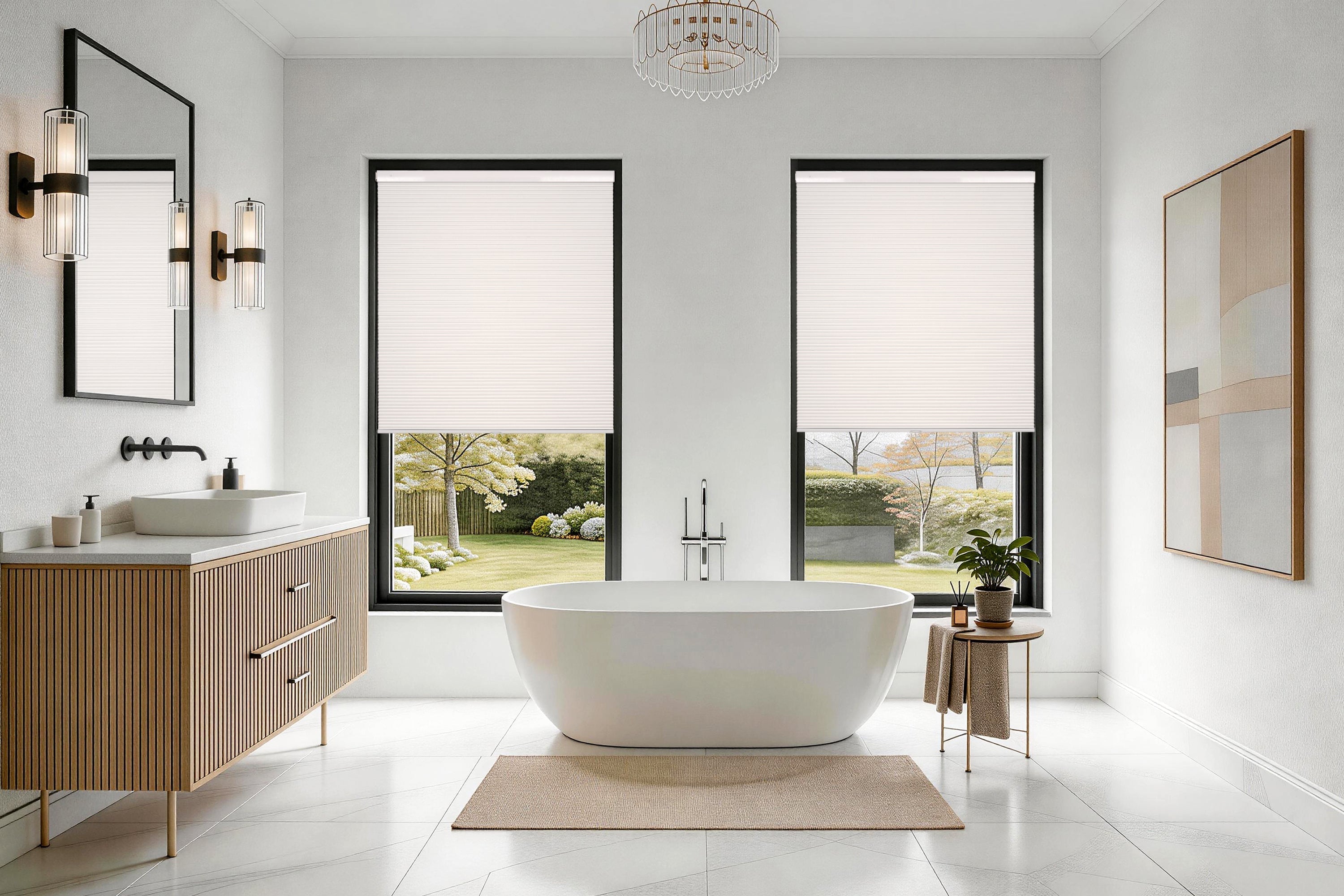 cordless light-filtering waterproof cellular shades in the bathroom, providing privacy and a calm atmosphere with simple decor and greenery