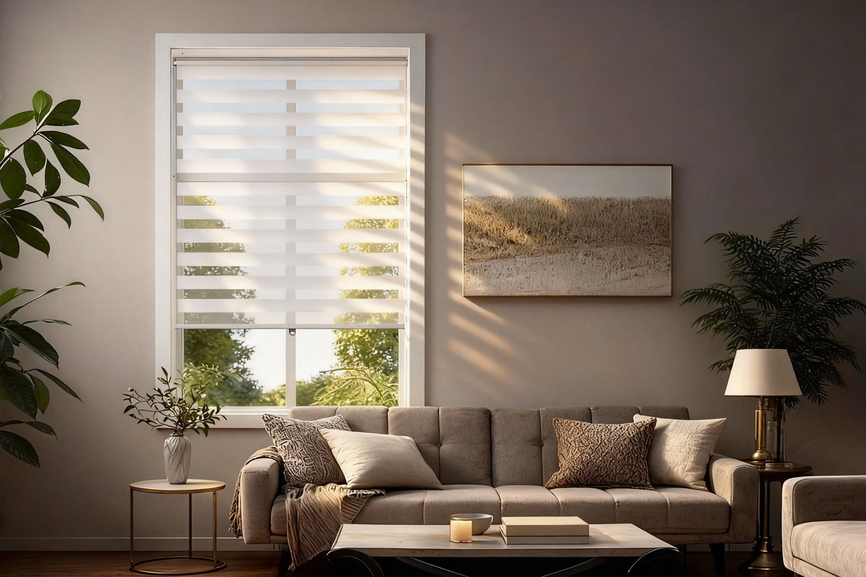 a white cordless light filtering zebra blind in a living room, casting shadows on the wall that displays a textured landscape artwork