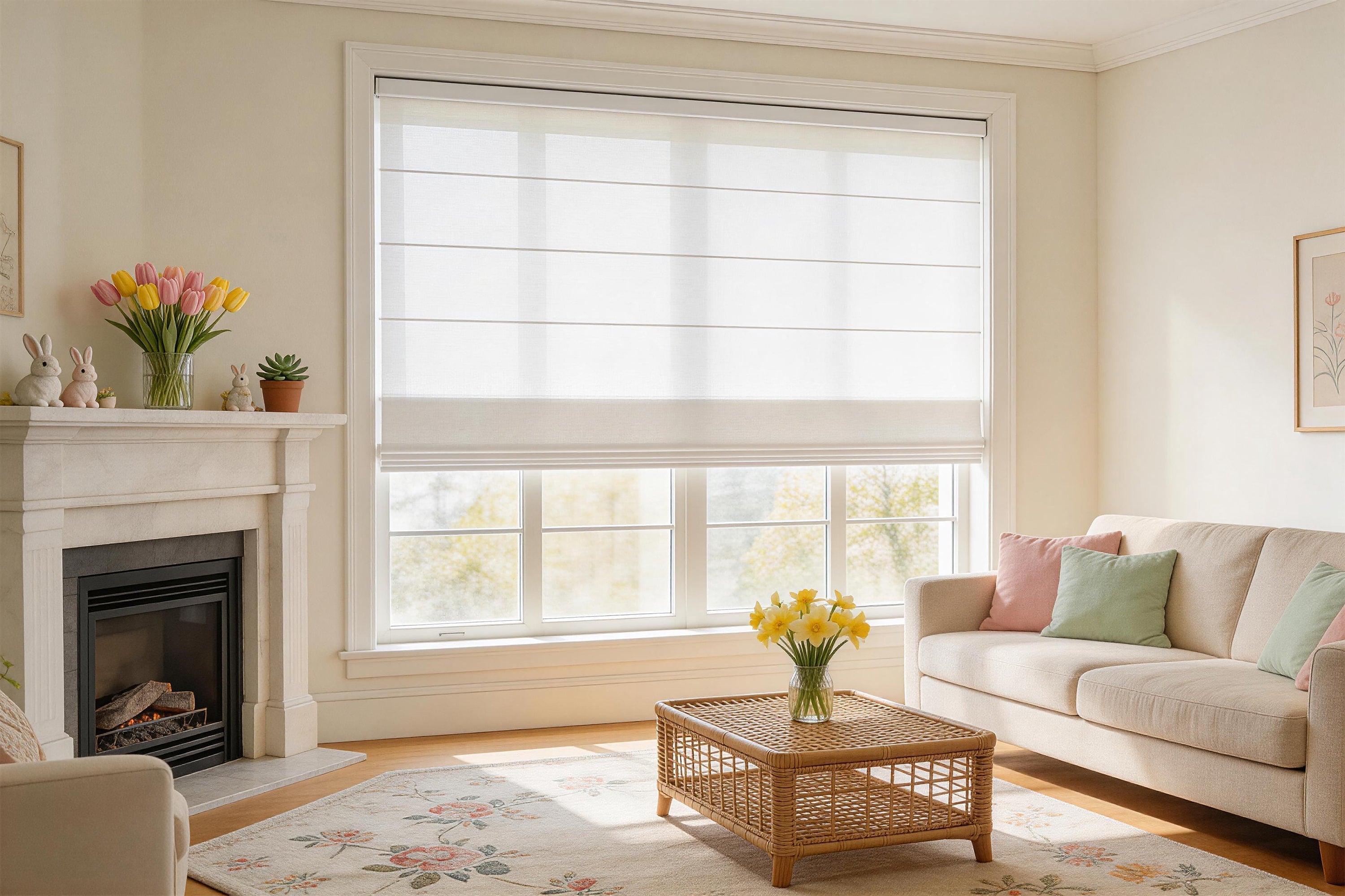 light-filled small living room with minimalist roman shades enhancing space, brightness, and visual openness in a modern apartment