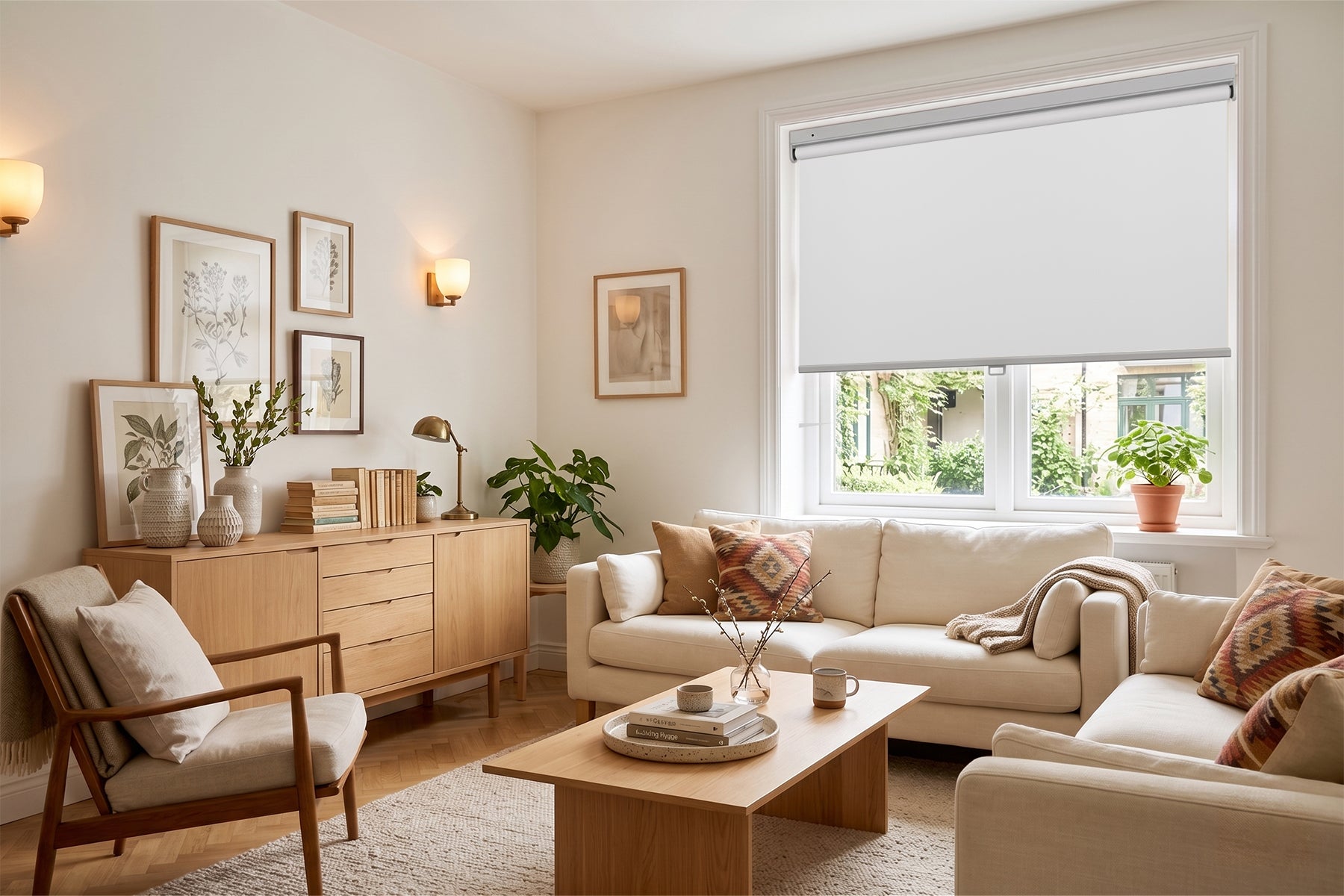 compact living room styled in soft warm tones with roller shades, creating an open and uncluttered look
