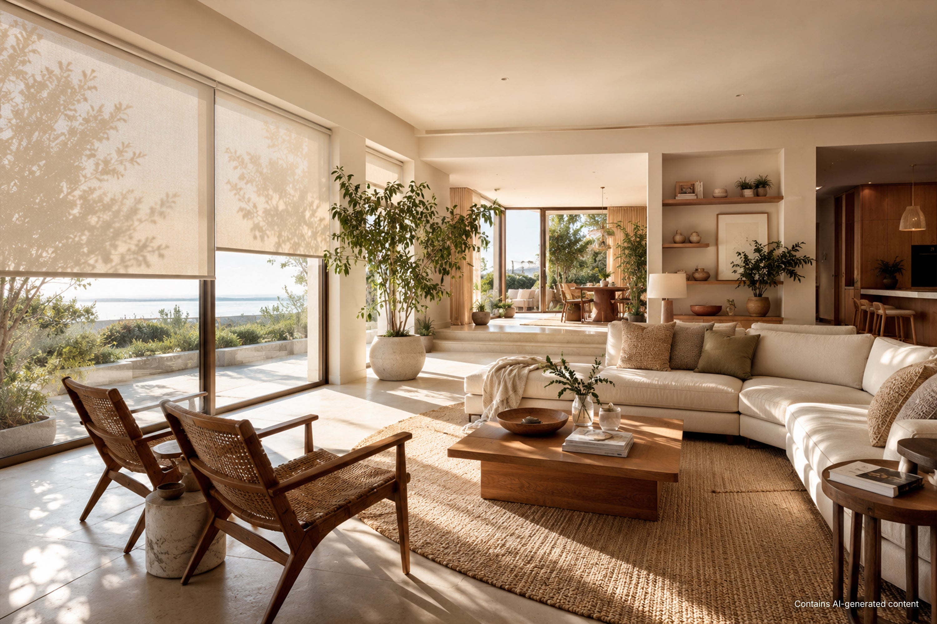 cordless light filtering roller shades gently softening daylight while maintaining privacy in a bright, modern living room with floor-to-ceiling windows and a warm, natural ambiance