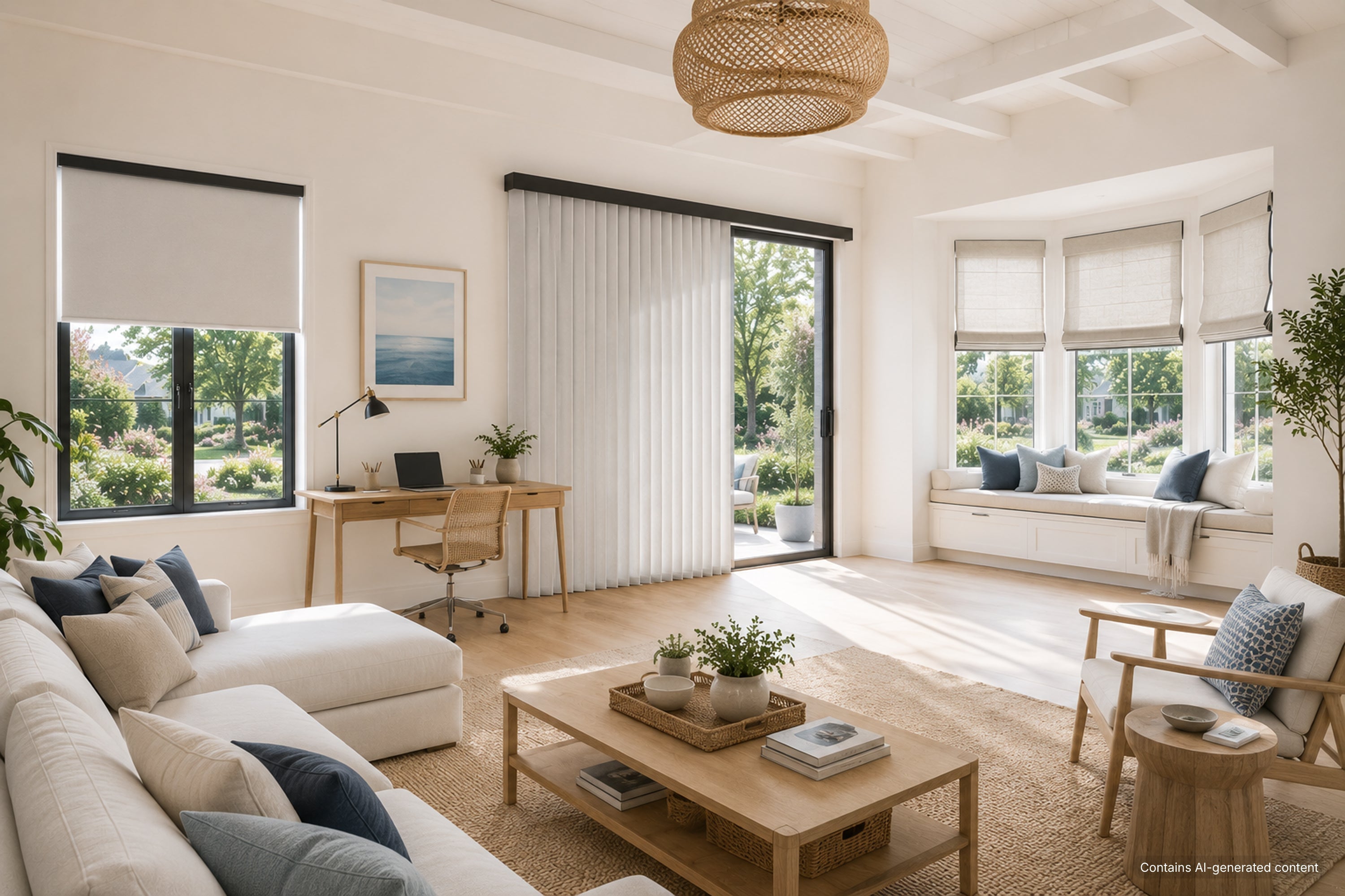 a bright living room with varied window treatments offering flexible light control, privacy, and a clean, comfortable, and balanced atmosphere