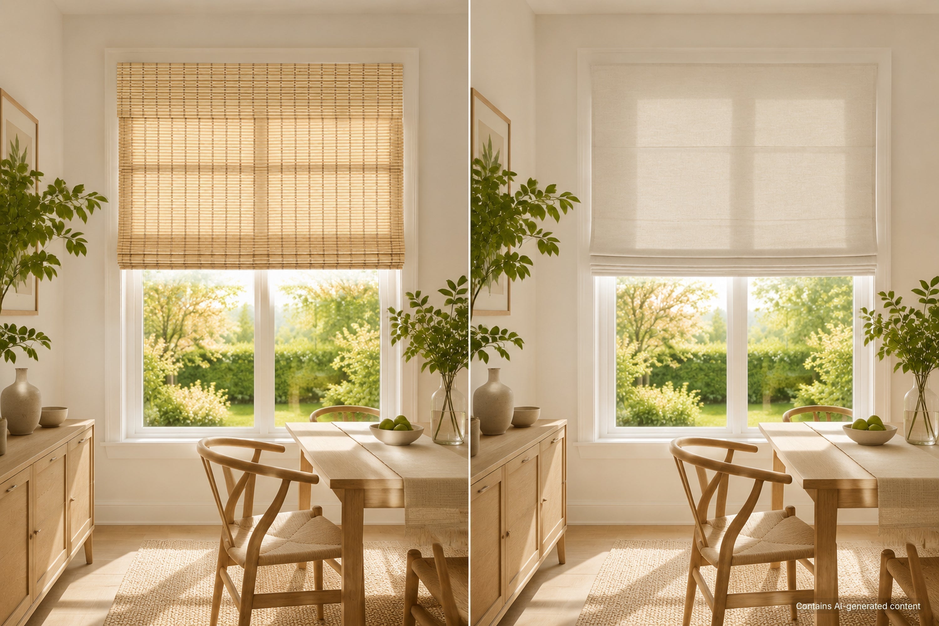 a side-by-side comparison of cordless light-filtering bamboo woven shades and Roman shades, showcasing warm natural texture versus soft, refined elegance