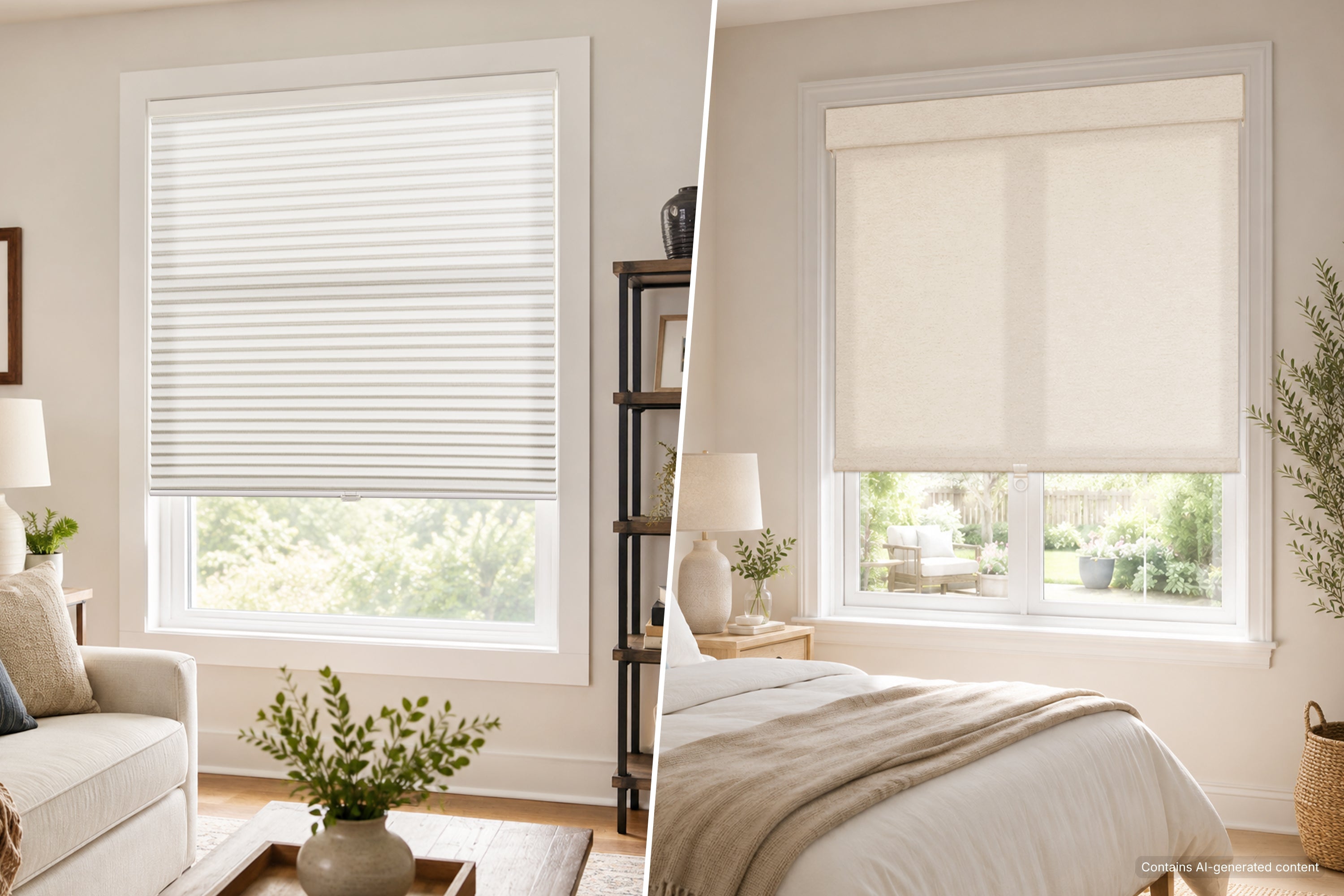 light-filled rooms featuring cordless cellular shades with a soft textured look and roller shades with a clean, streamlined design | Hestia Blinds