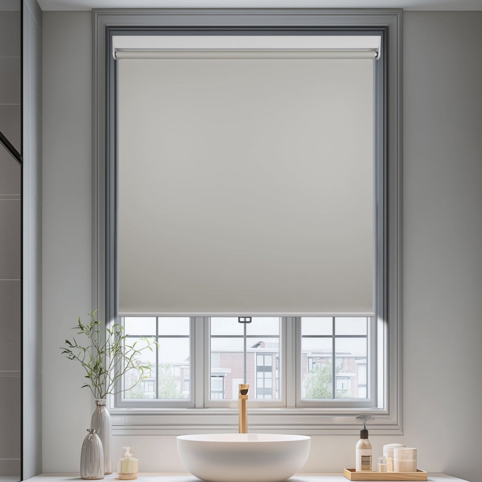 blackout waterproof bathroom roller shades in a bathroom