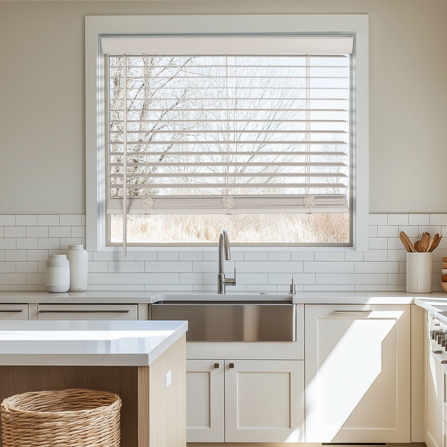room darkening waterproof kitchen faux wood blinds in a kitchen