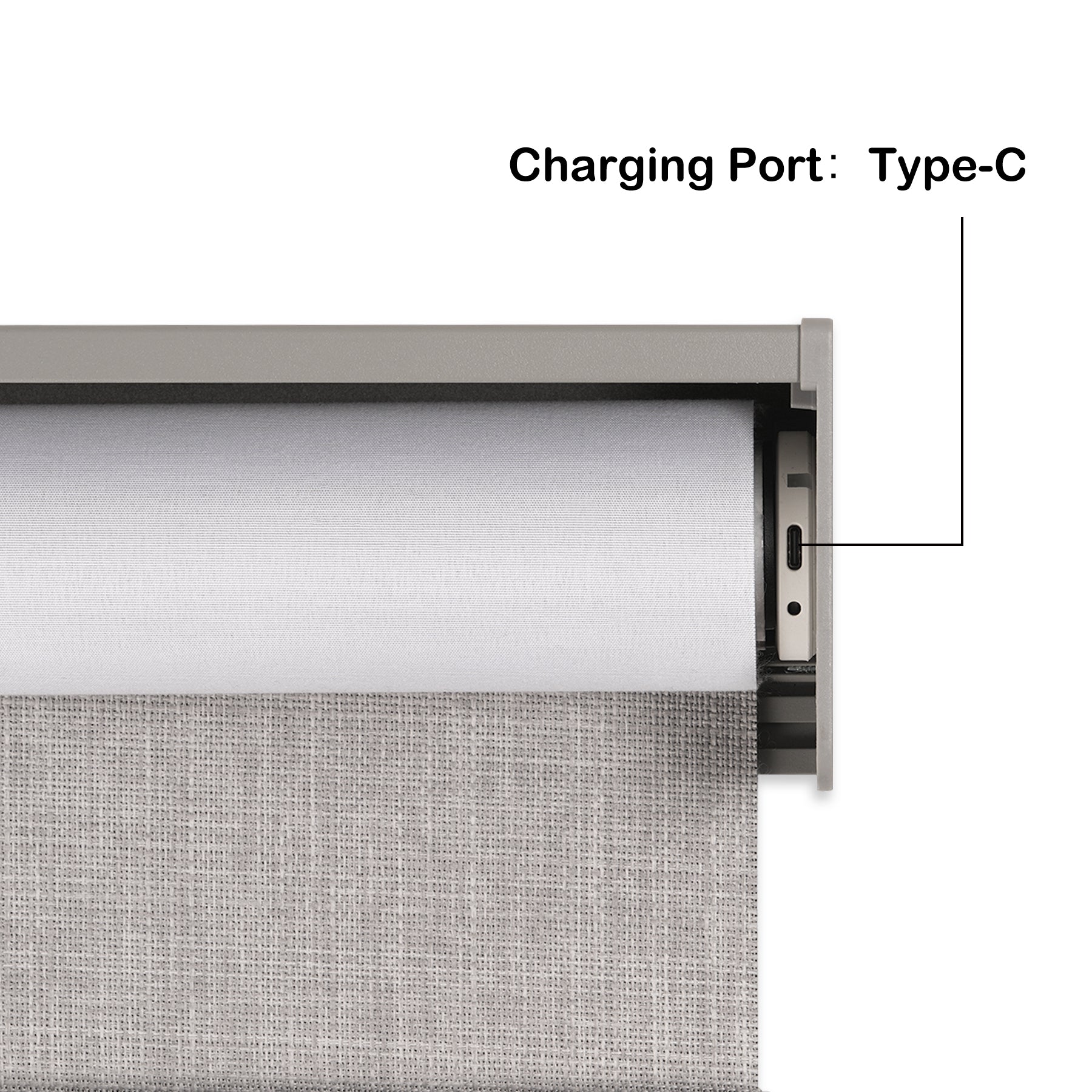 motorized blackout roller shades with square cassette charging port