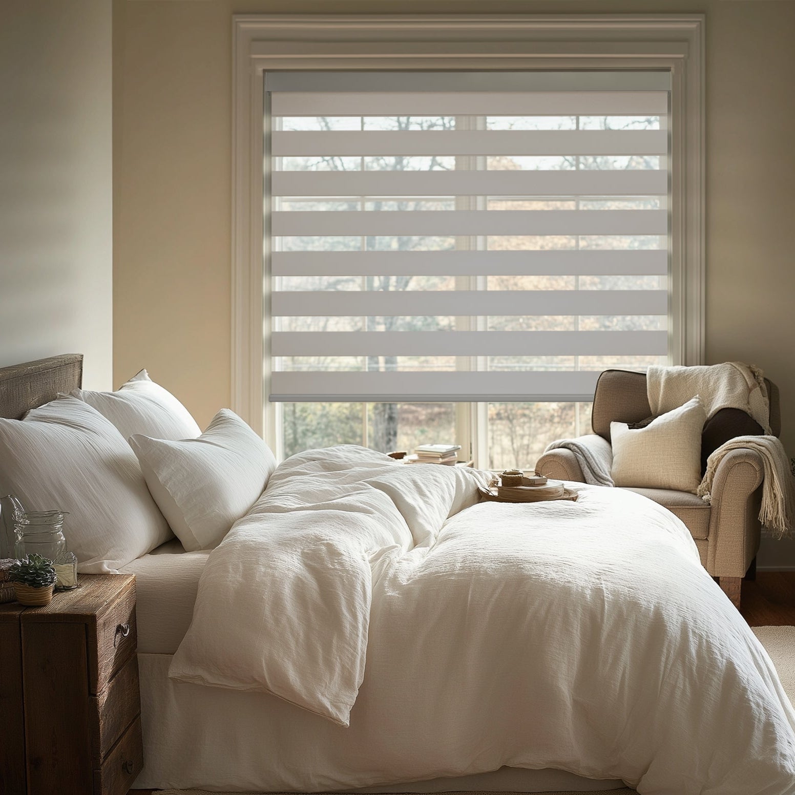 cordless room darkening zebra shades in a bedroom