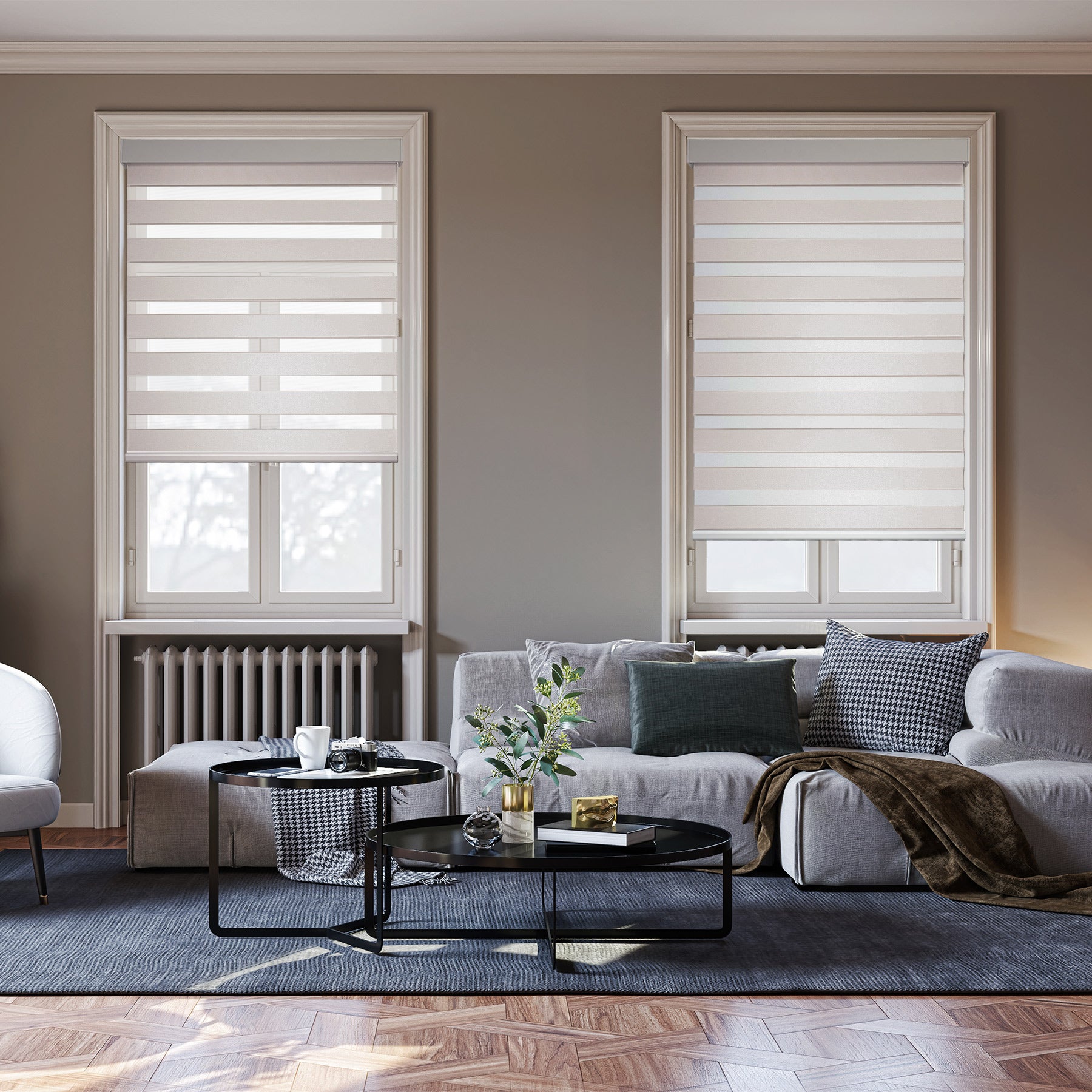 cordless room darkening zebra shades in a living room