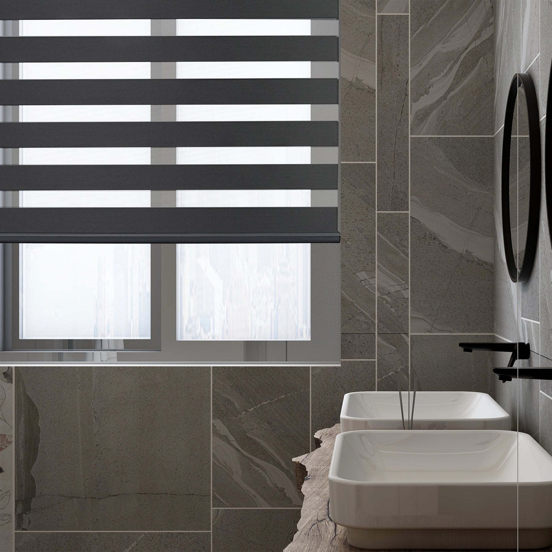 motorized room darkening privacy protection zebra shades in a bathroom