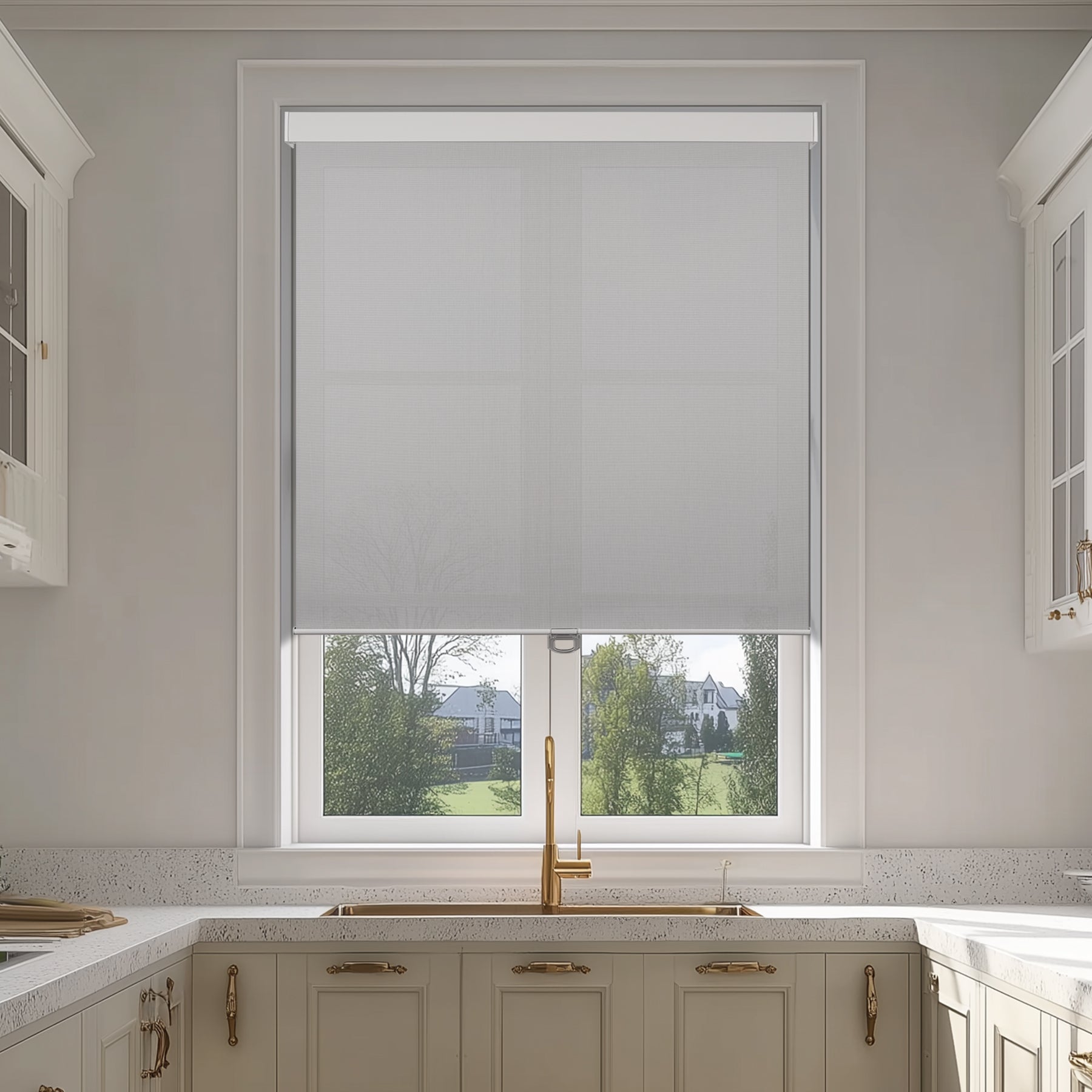 light filtering waterproof kitchen roller shades in a kitchen