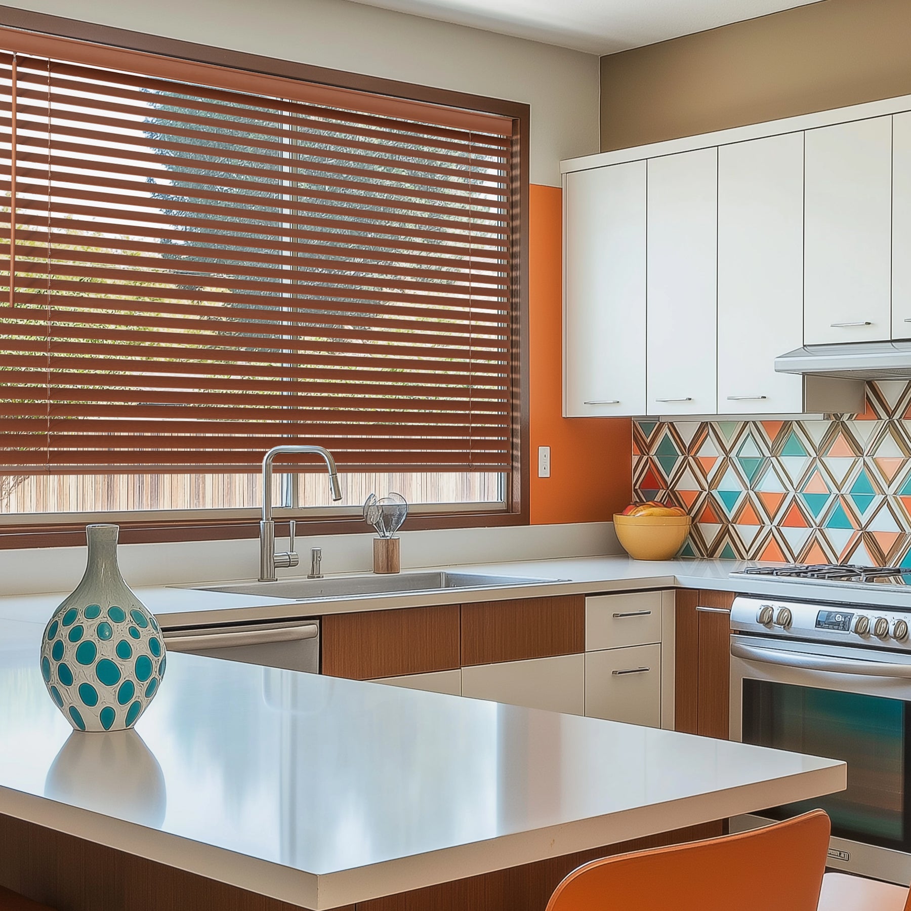 room darkening natural eco-friendly wood blinds in a kitchen