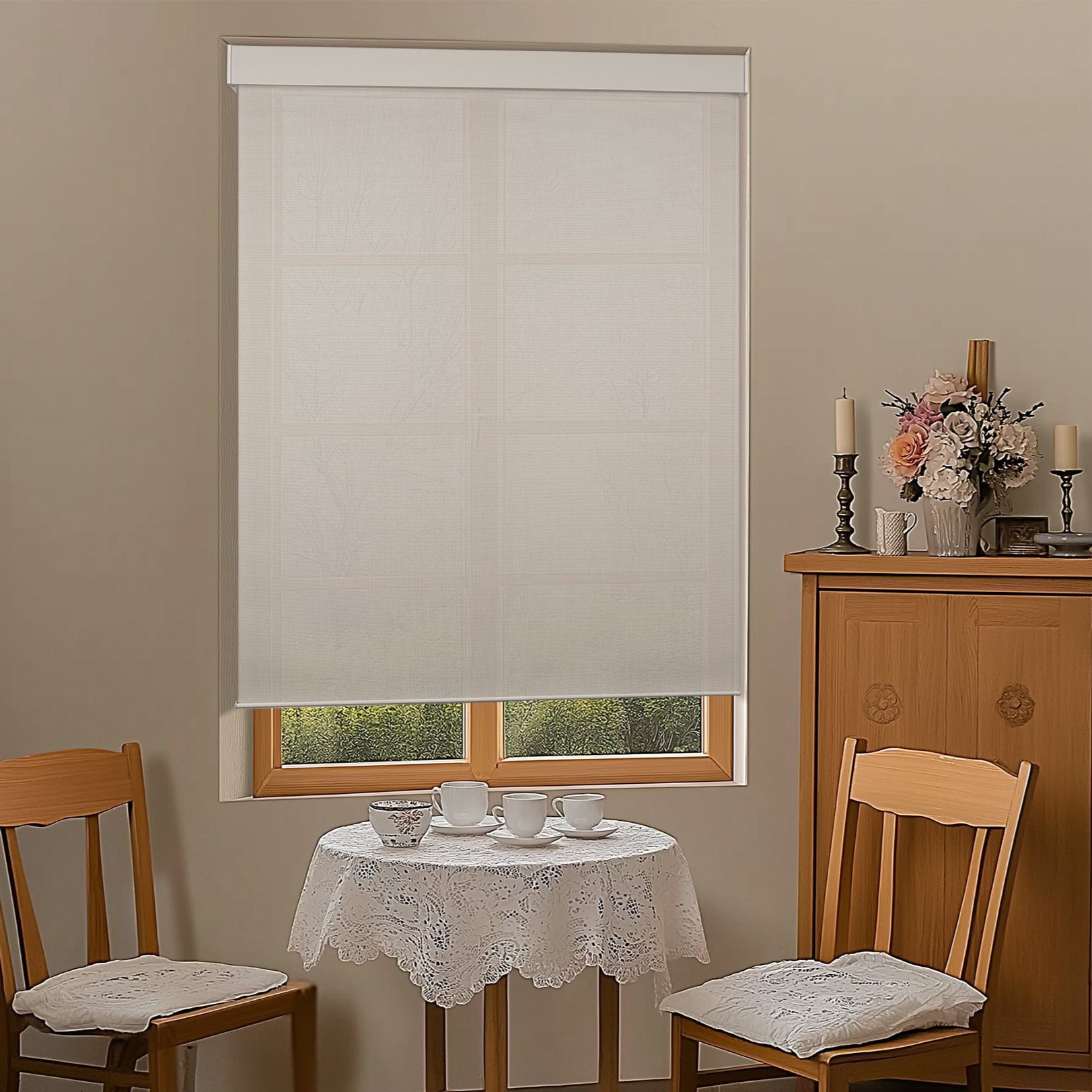 motorized light filtering waterproof kitchen roller shades in a living room