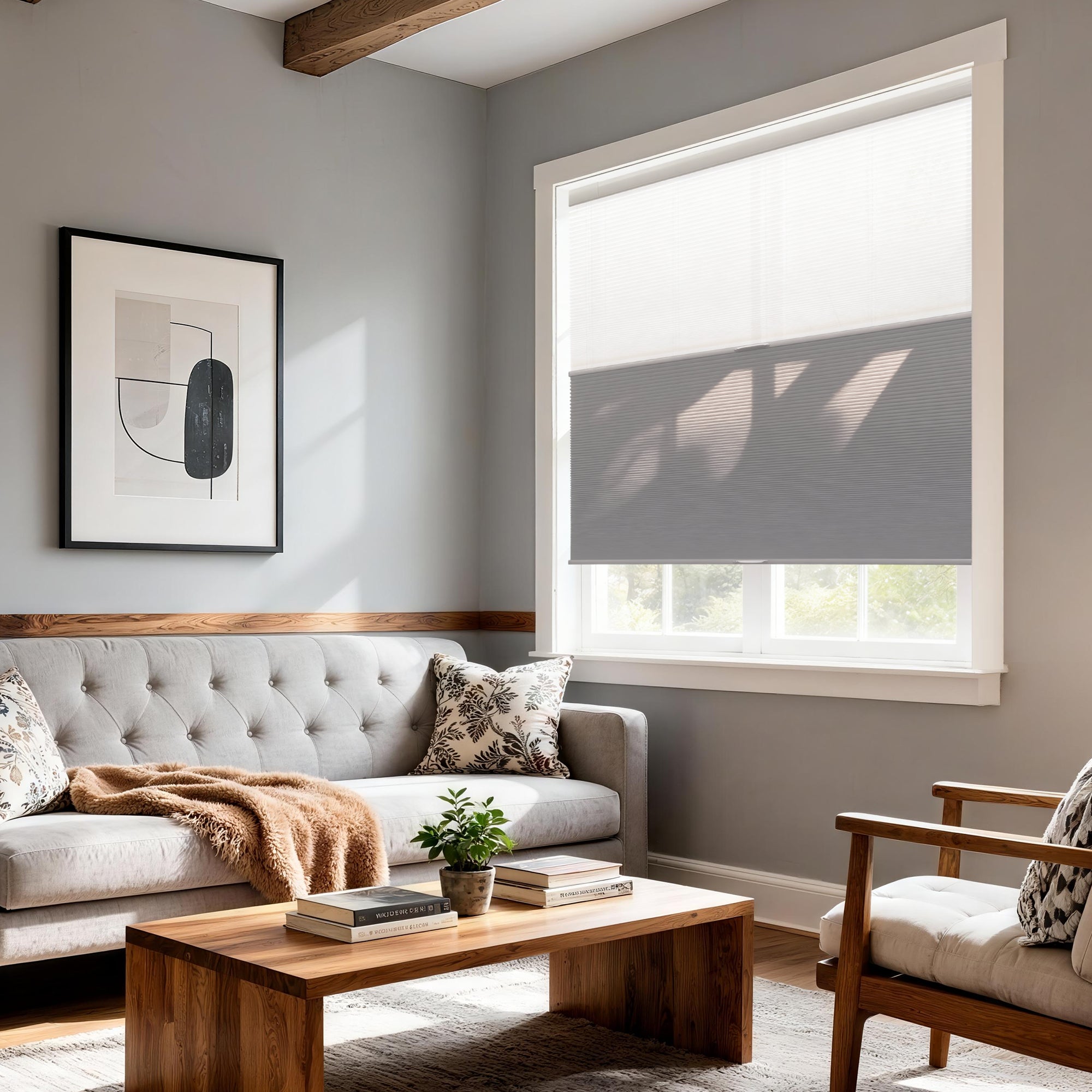 no-drill day and night energy saving cellular shades in a living room