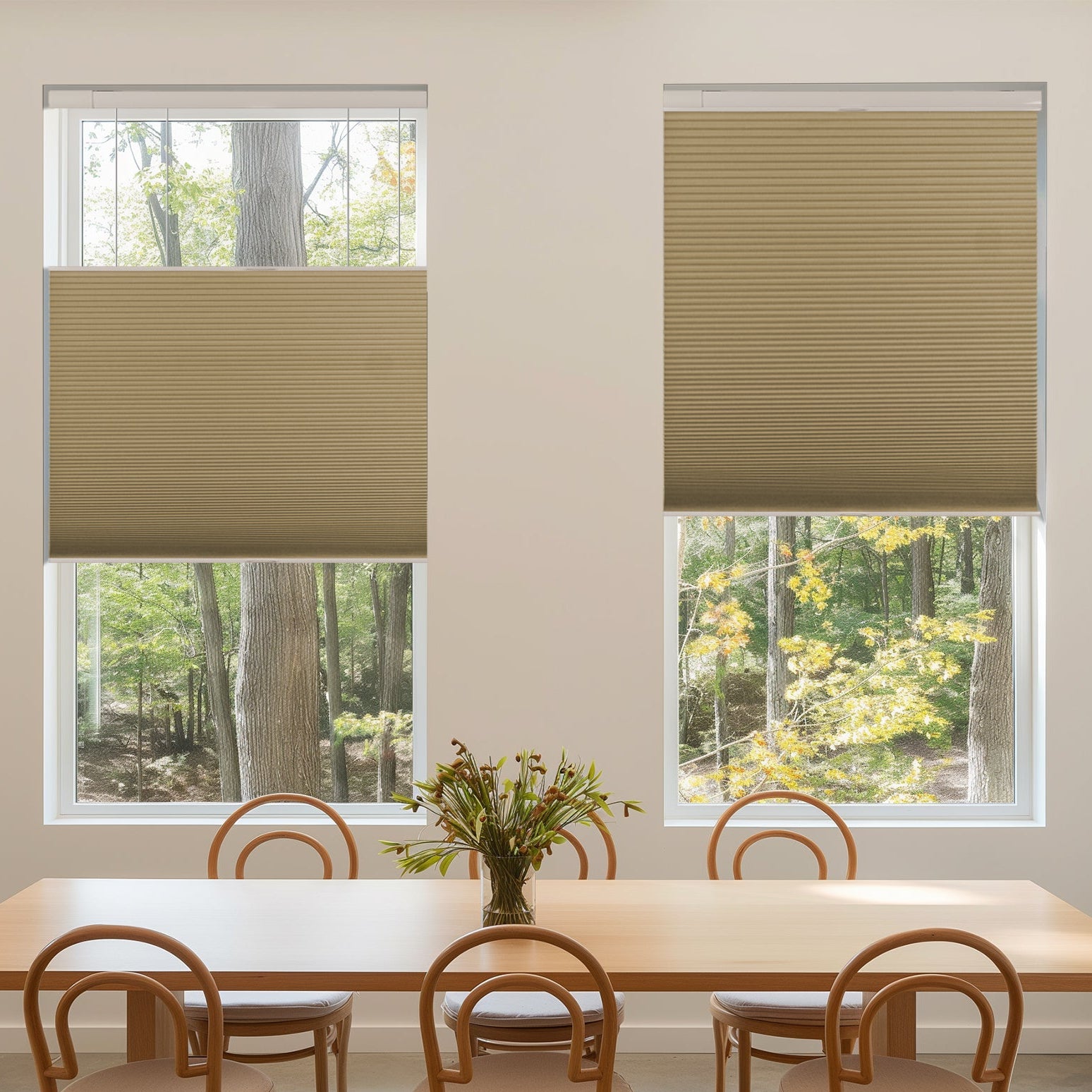 no-drill cordless top down bottom up cellular shades in a dining room