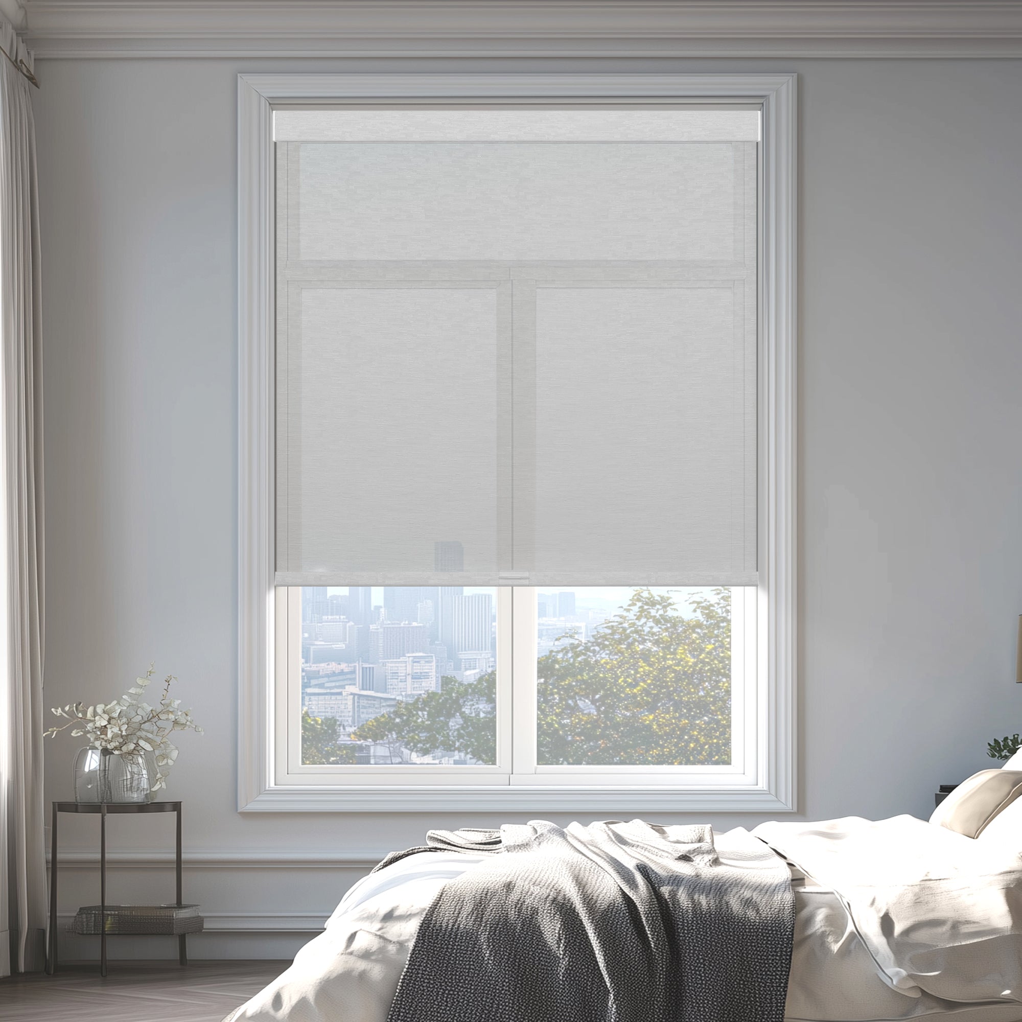 sheer modern design bedroom scenic roller shades in a bedroom
