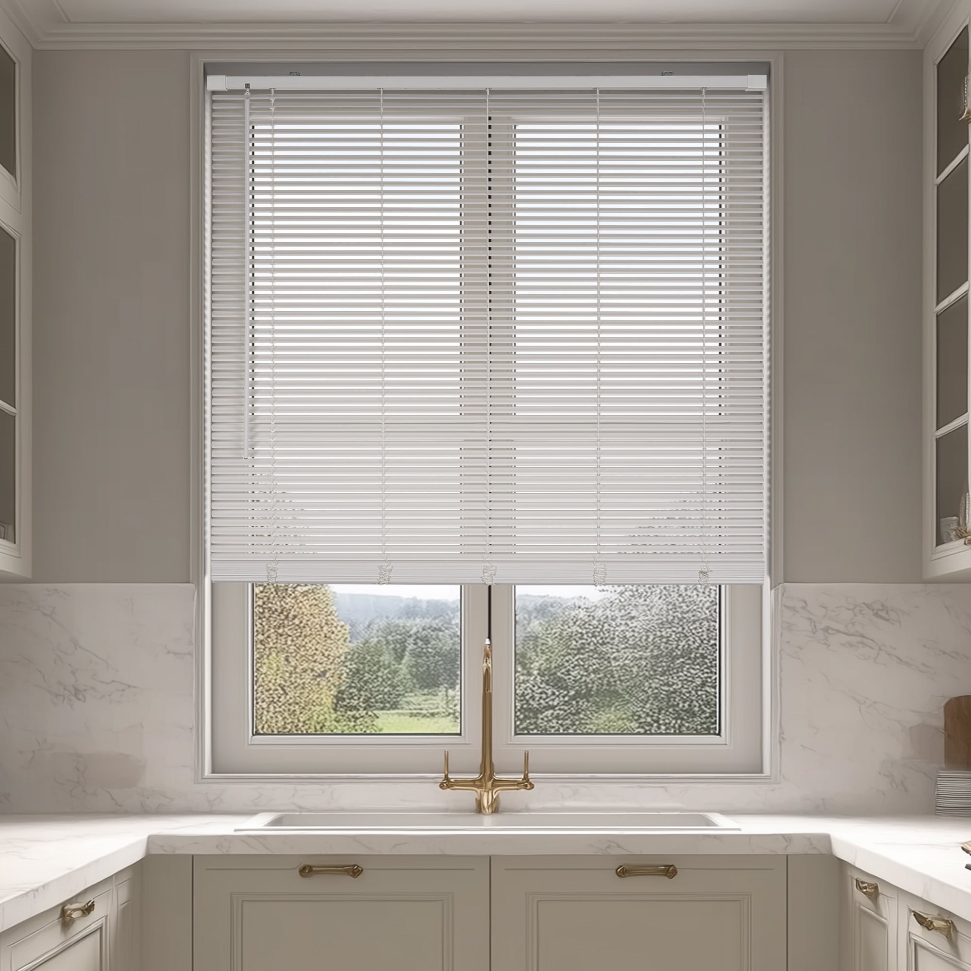 room darkening natural eco-friendly wood blinds in a kitchen