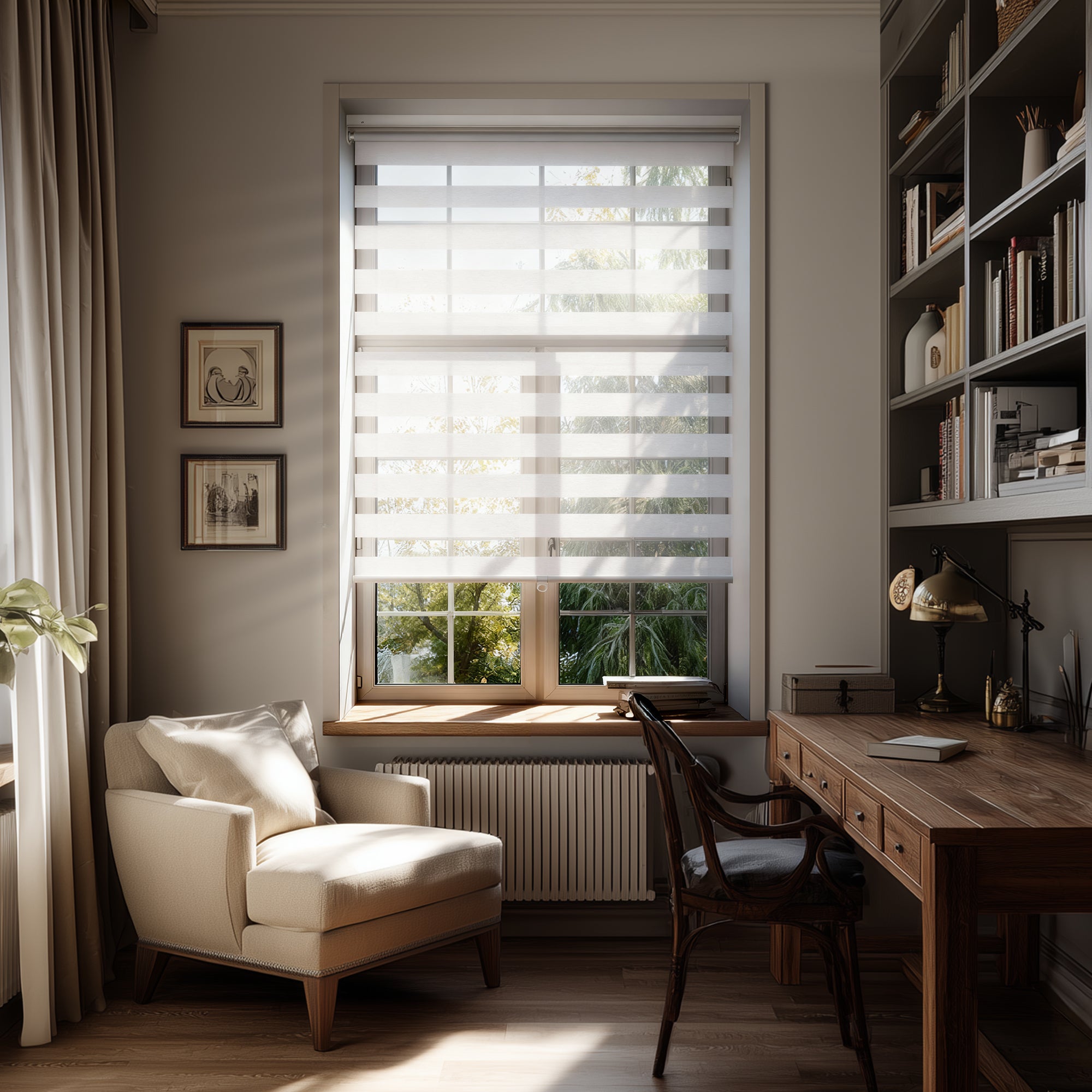 no-drill light filtering linen-like bathroom zebra shades in a study room