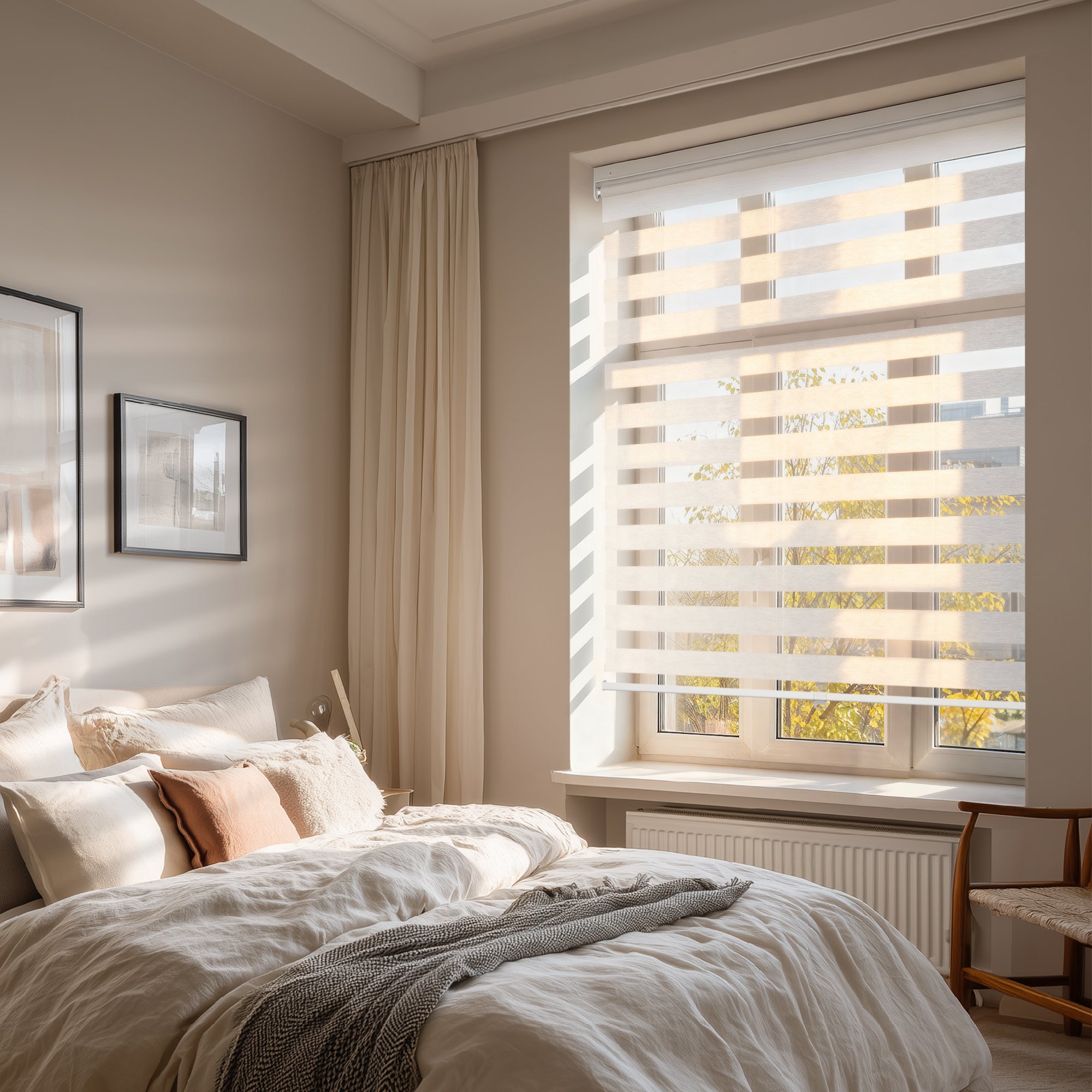 no-drill light filtering linen-like bathroom zebra shades in a bedroom