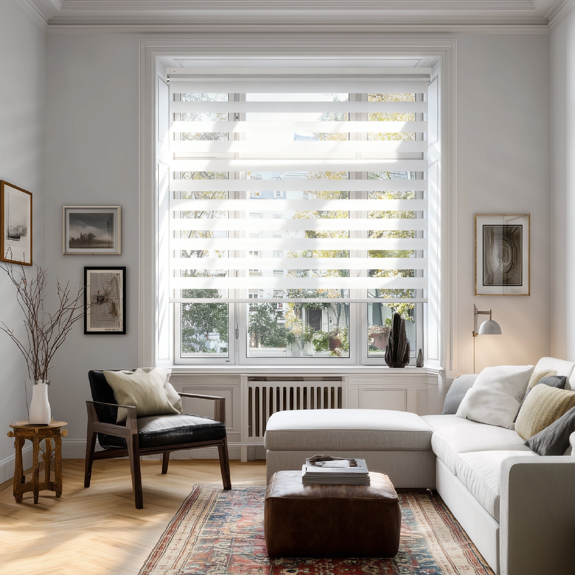 no-drill light filtering linen-like bathroom zebra shades in a living room