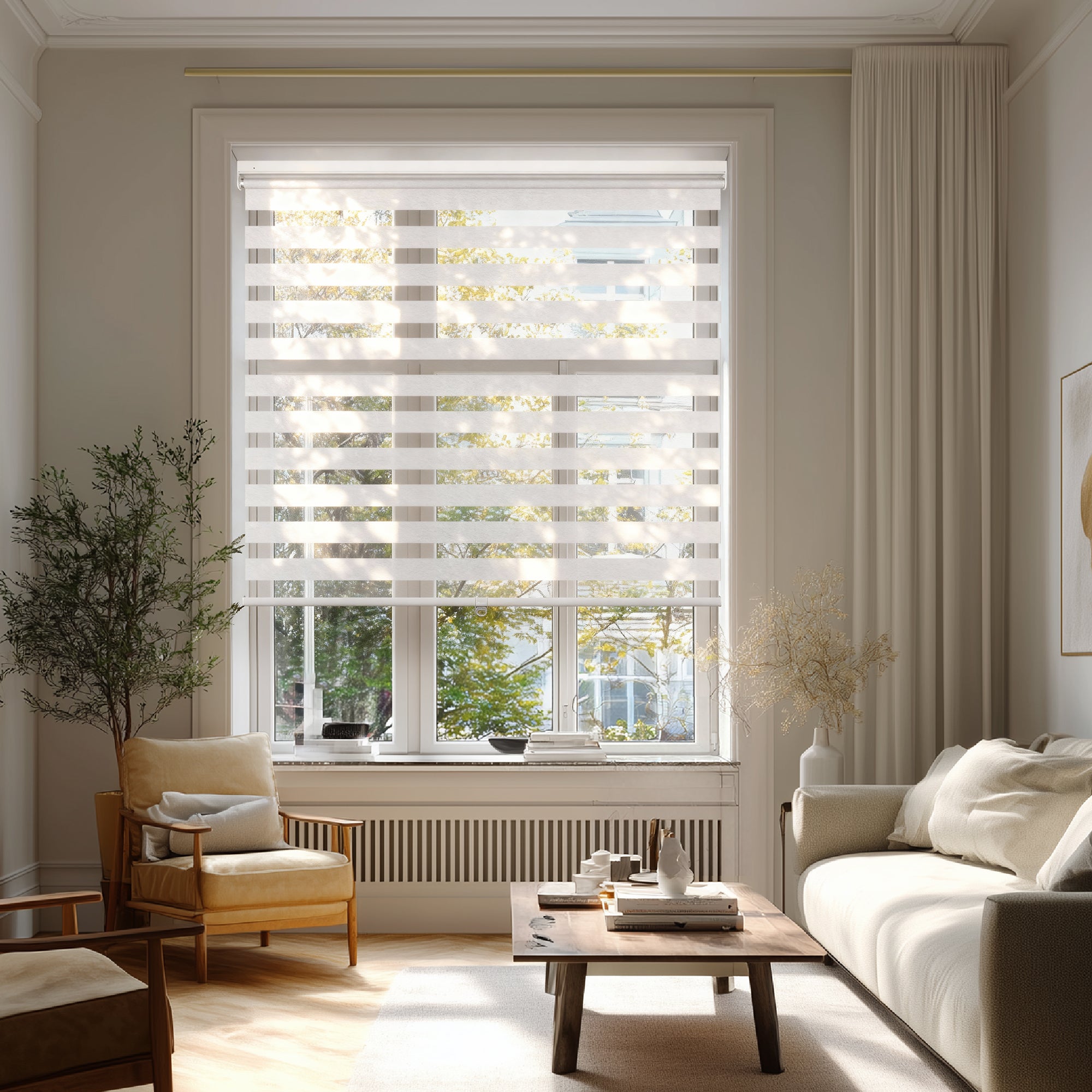 no-drill light filtering linen-like bathroom zebra shades in a living room