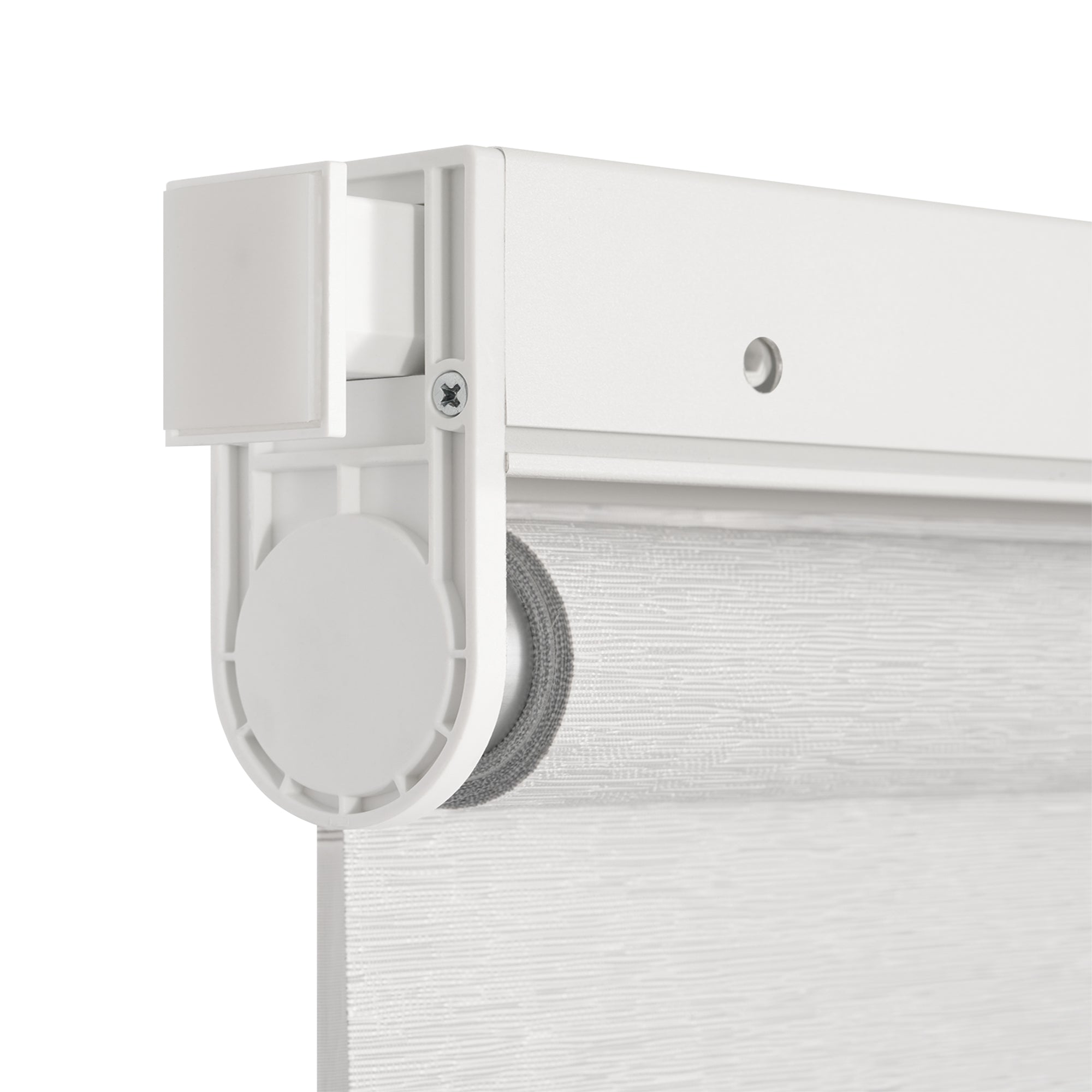 no-drill light filtering linen-like bathroom zebra shades side view showing the no-drill tension rod and protective cushion in the headrail