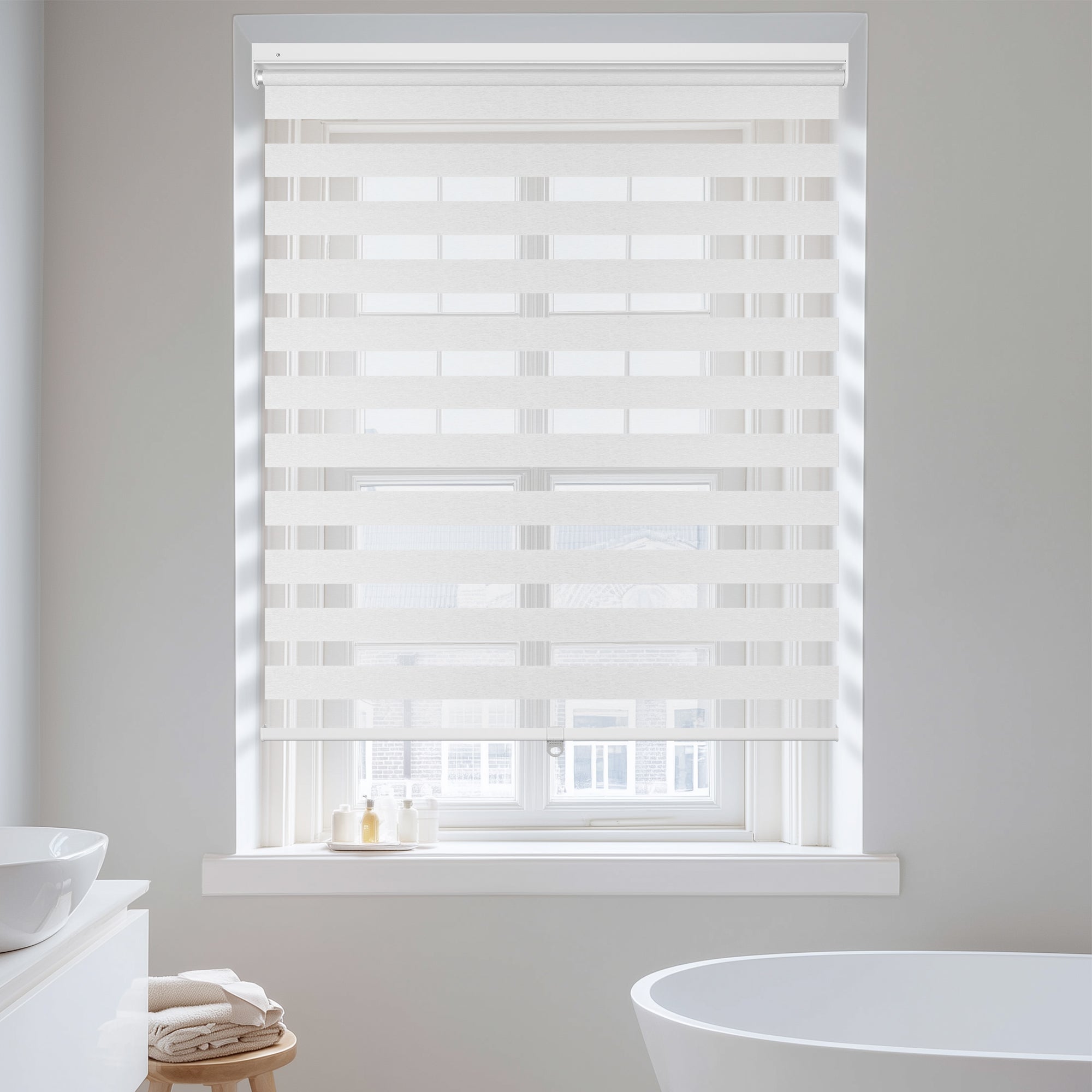no-drill light filtering linen-like bathroom zebra shades in a bathroom
