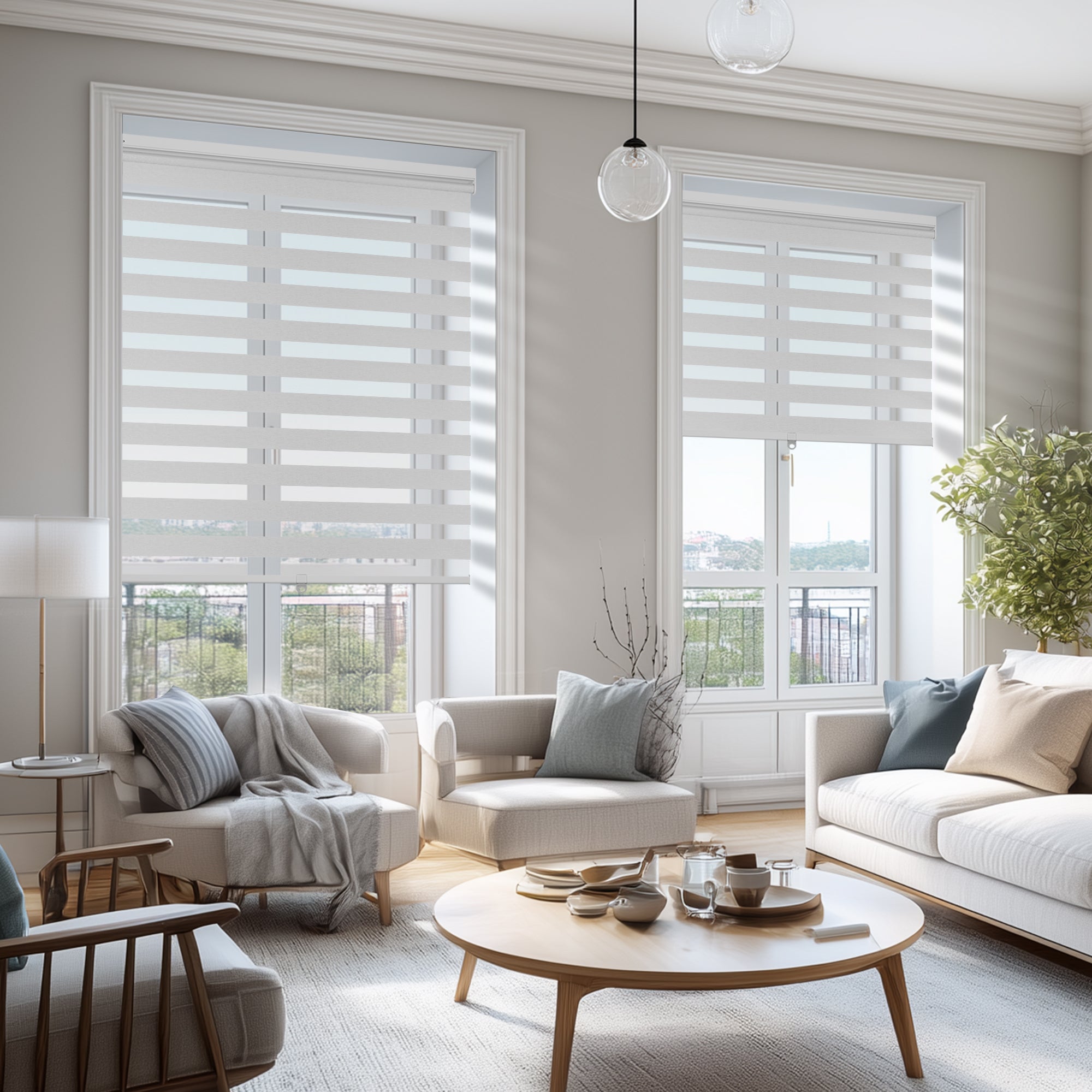 no-drill light filtering linen-like bathroom zebra shades in a living room