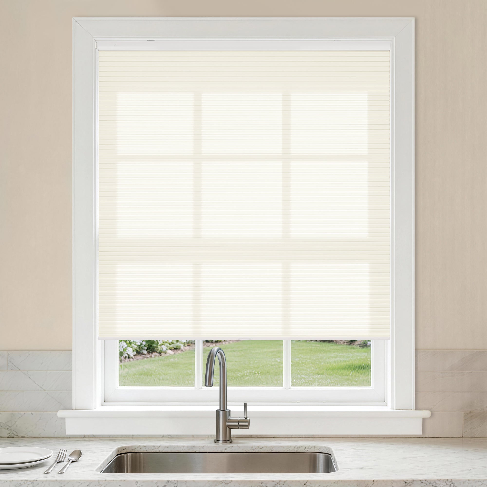 no drilll waterproof cellular shades cordless light filtering honeycomb blinds for kitchen | hestia blinds