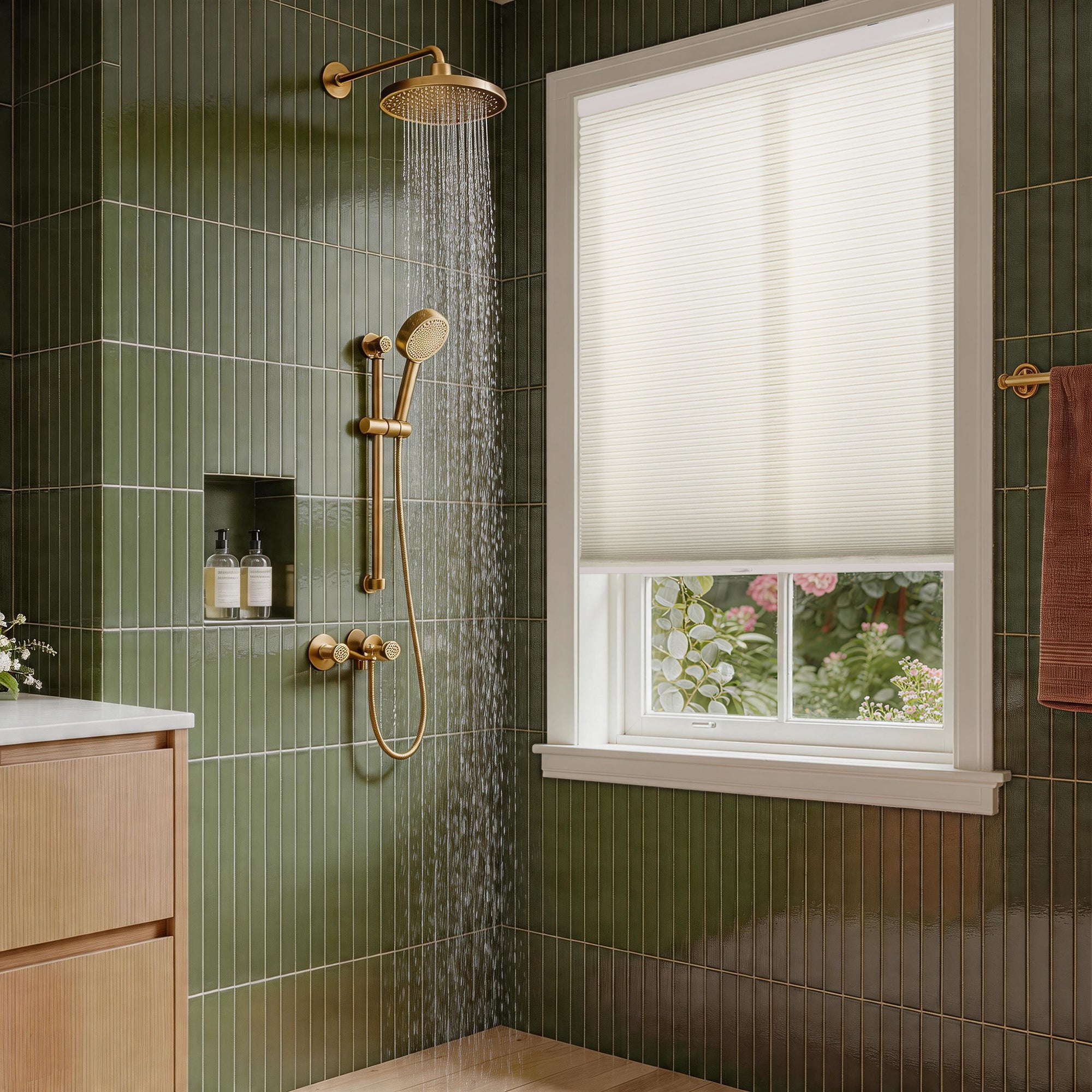 no drilll waterproof cellular shades resisting moisture in a bathroom | hestia blinds