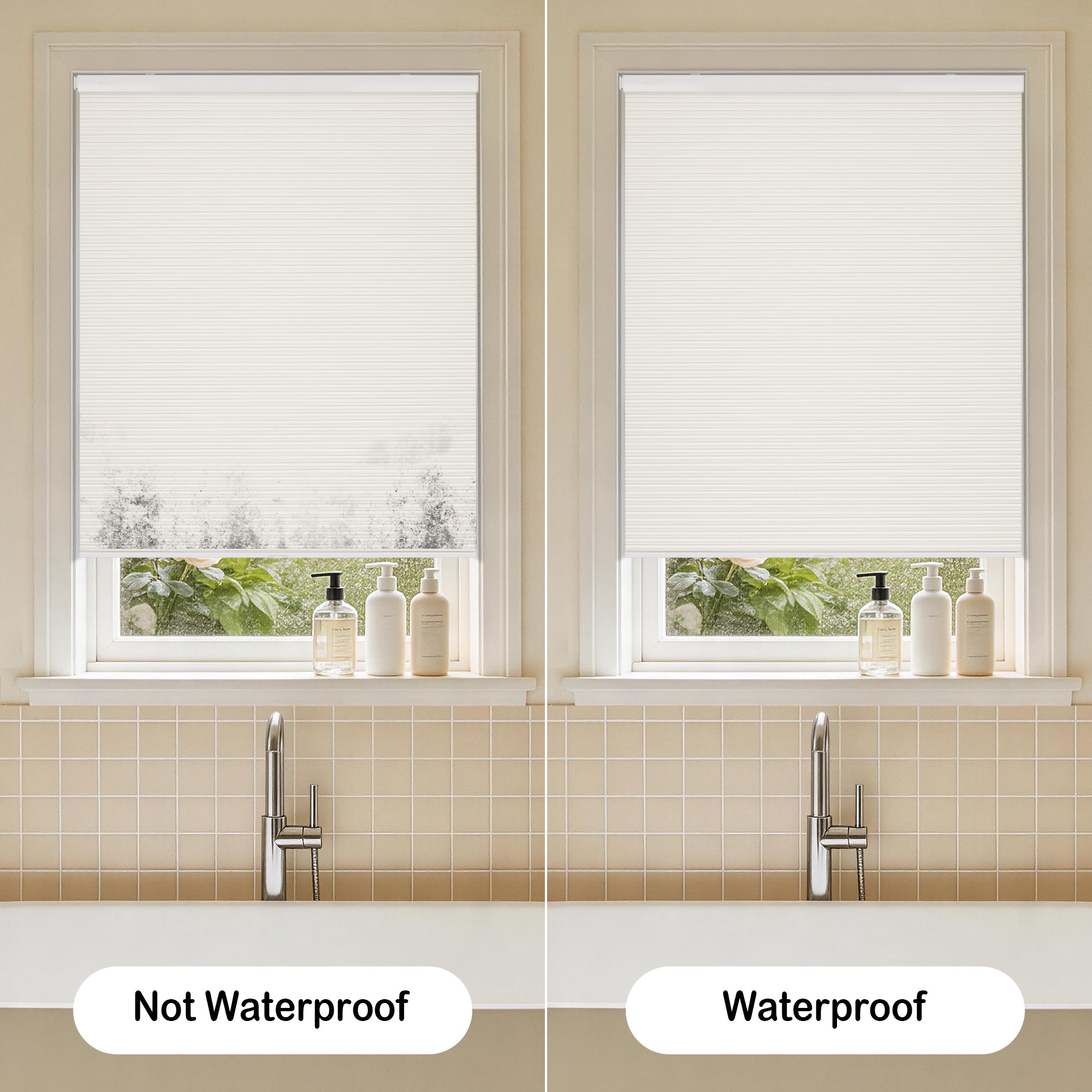 no drilll waterproof cellular shades comparing fabric with and without waterproof feature | hestia blinds