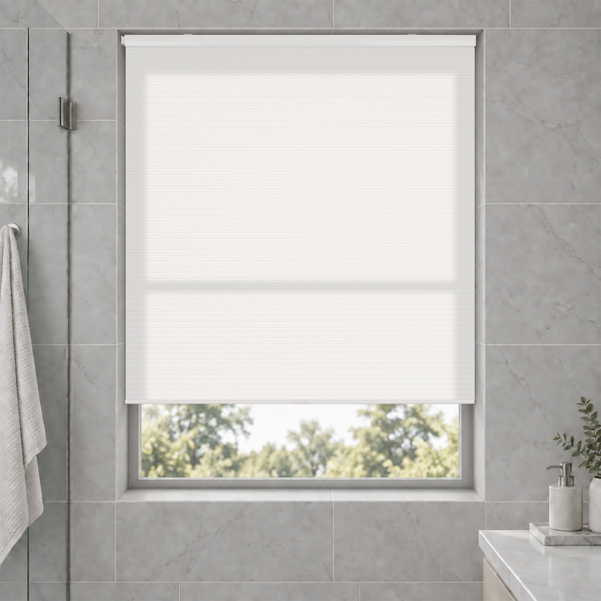 no-drill waterproof cellular shades providing privacy protection and resistance to moisture for bathroom | hestia