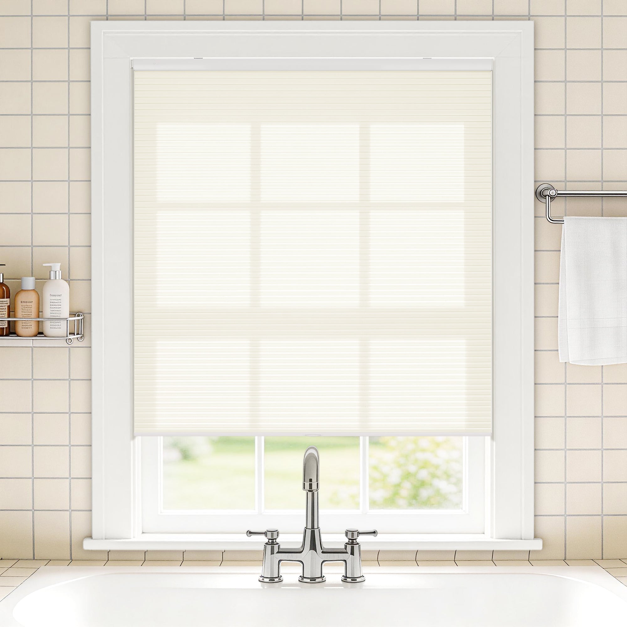 no drilll waterproof cellular shades providing privacy protection and resistance to moisture for bathroom | hestia blinds