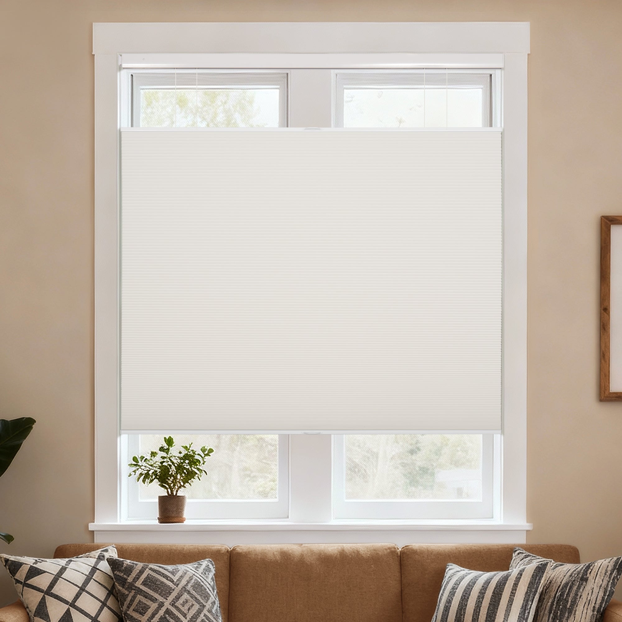 no drill top down bottom up cellular shades cordless white blackout shades in living room | hestia blinds