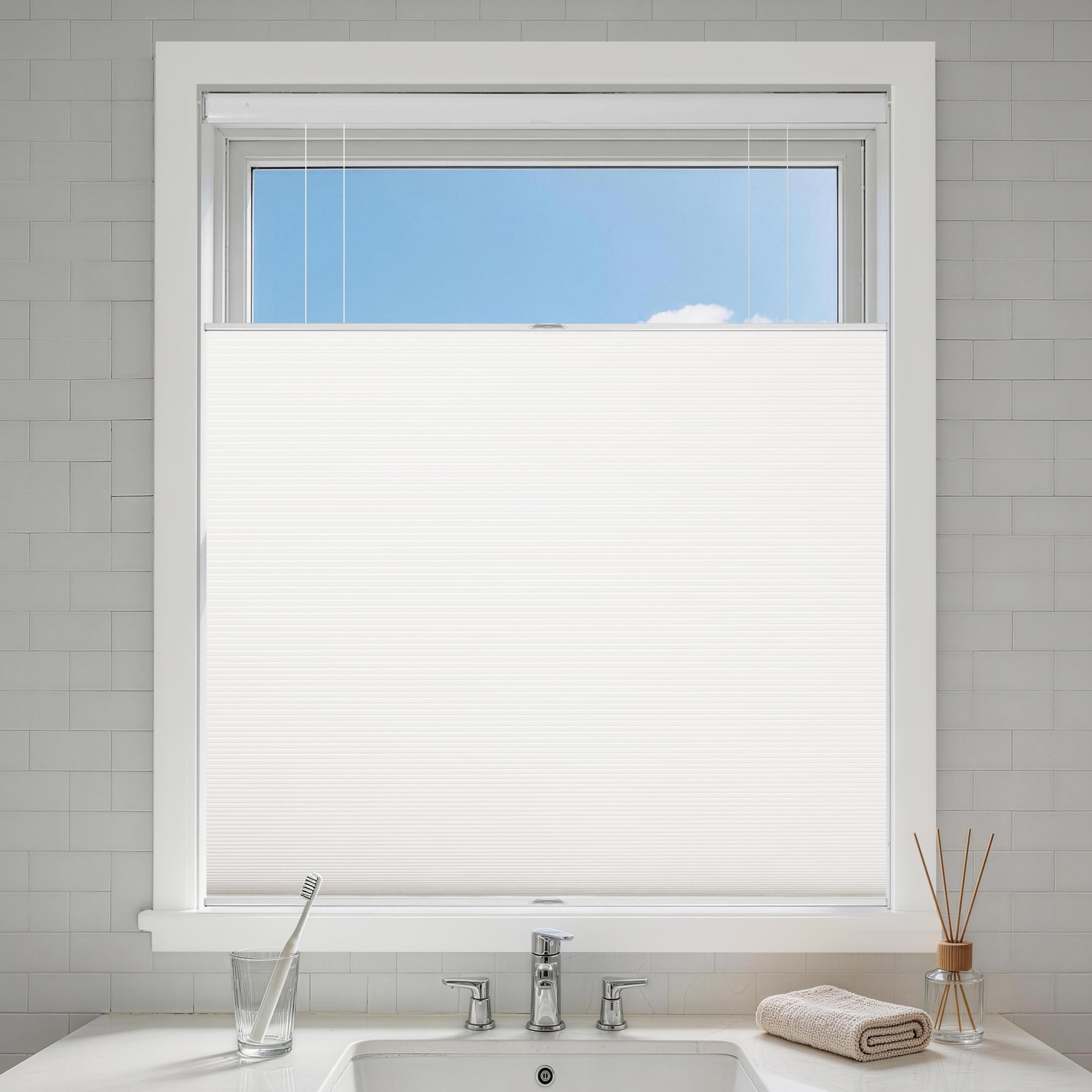 no drill top down bottom up cellular shades providing privacy, ventilation and light for a bathroom | hestia blinds