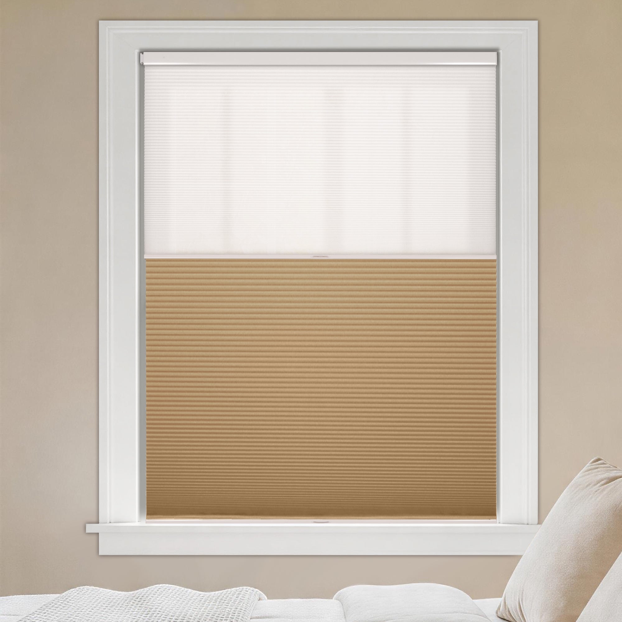 no drill day and night cellular shades with white light filtering shade and beige blackout shade in a bedroom | hestia blinds