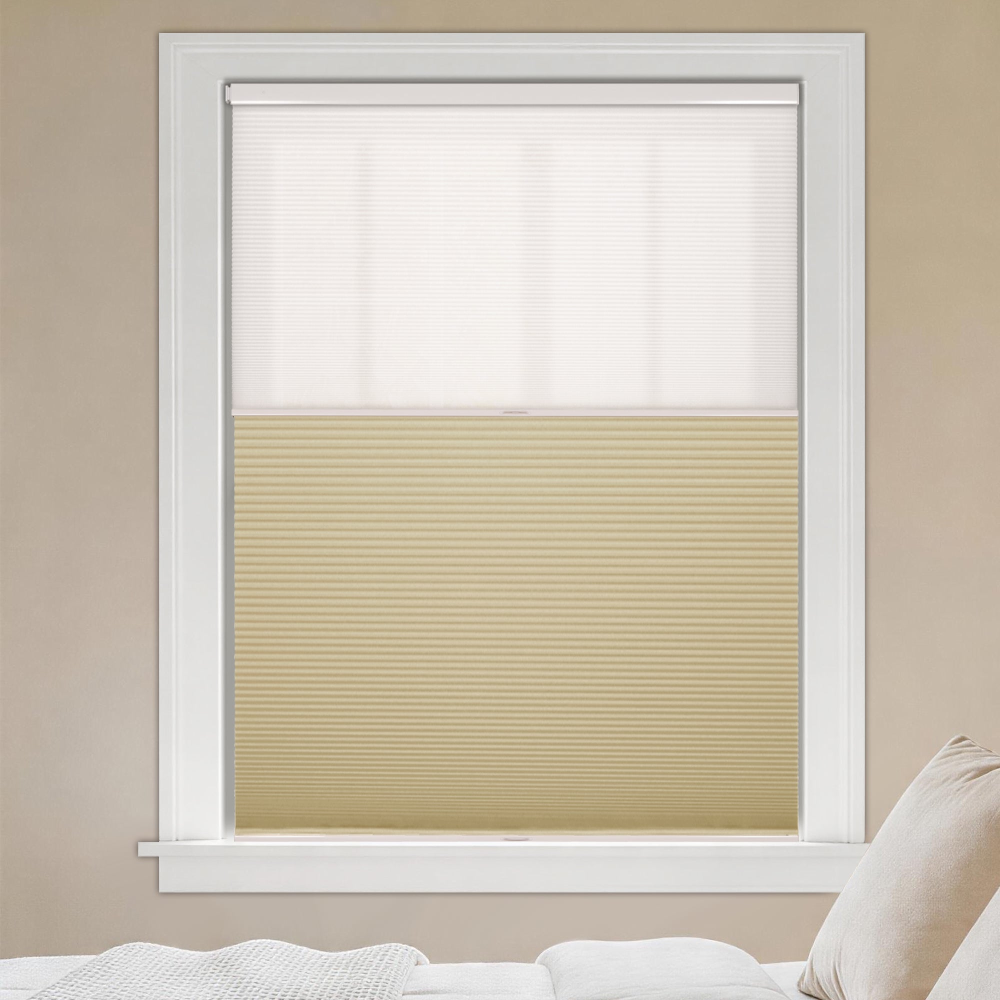 no drill day and night cellular shades with white light filtering shade and beige blackout shade in a bedroom | hestia blinds