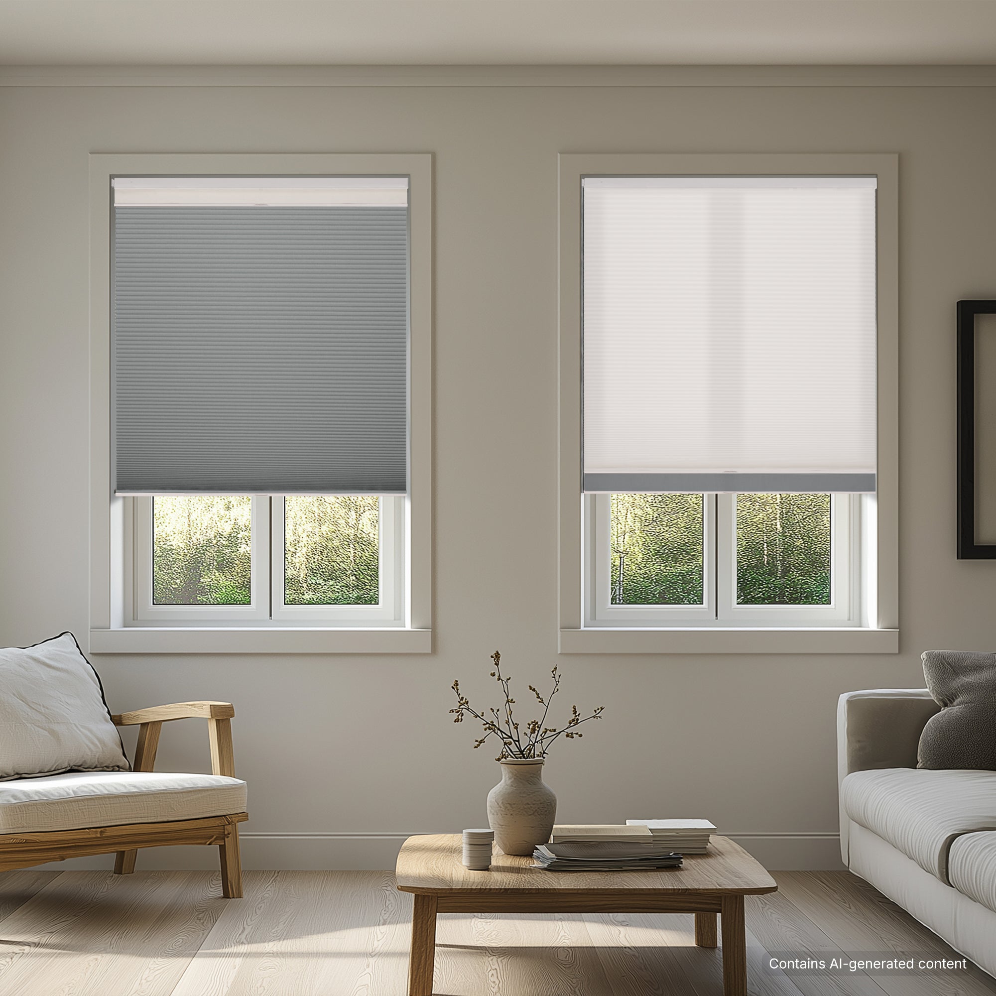 no drill day and night cellular shades with blackout shade lowered on one window and light filtering shade lowered on another window in a living room | hestia blinds