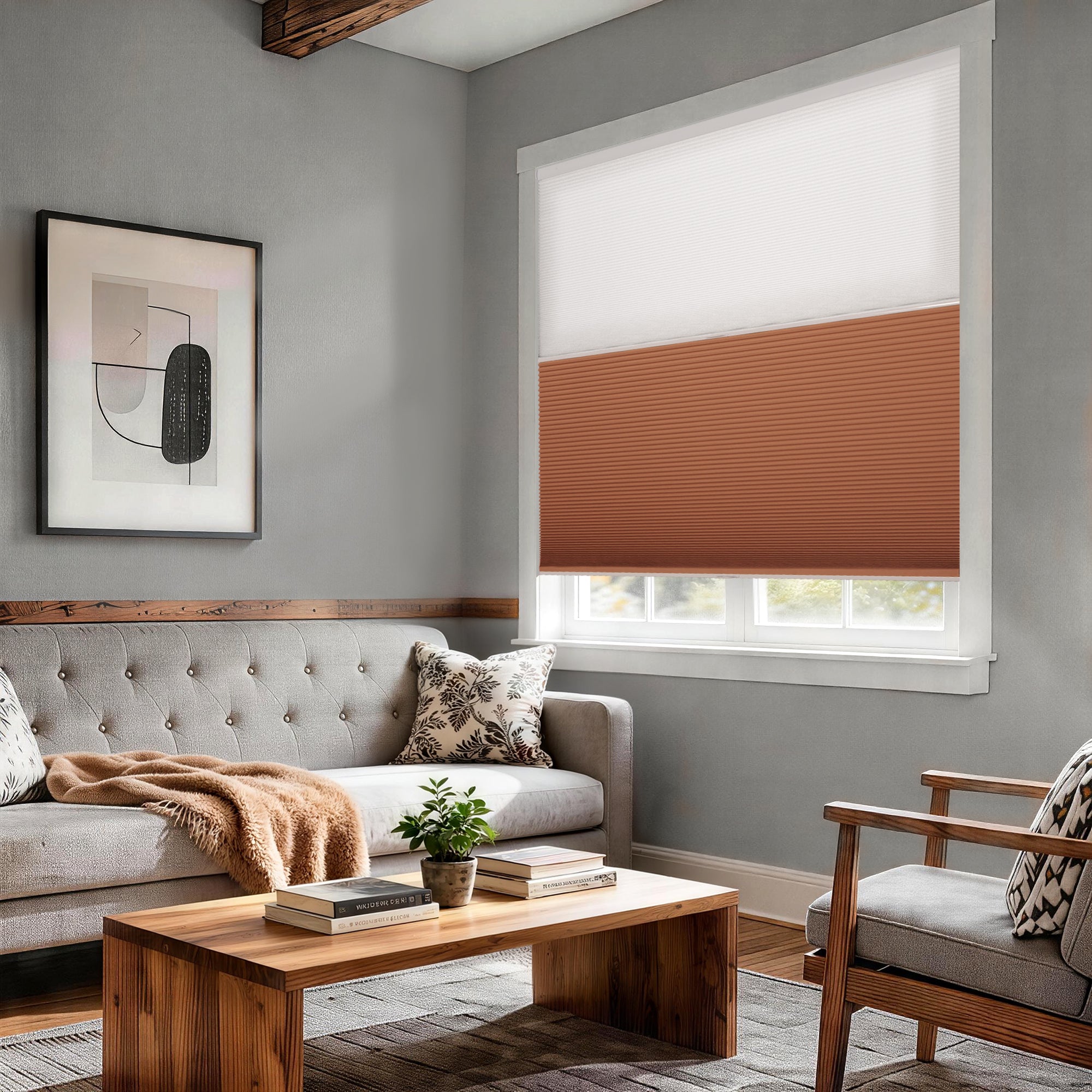 no drill day and night cellular shades with light filtering shade and blackout shade half open in a living room | hestia blinds