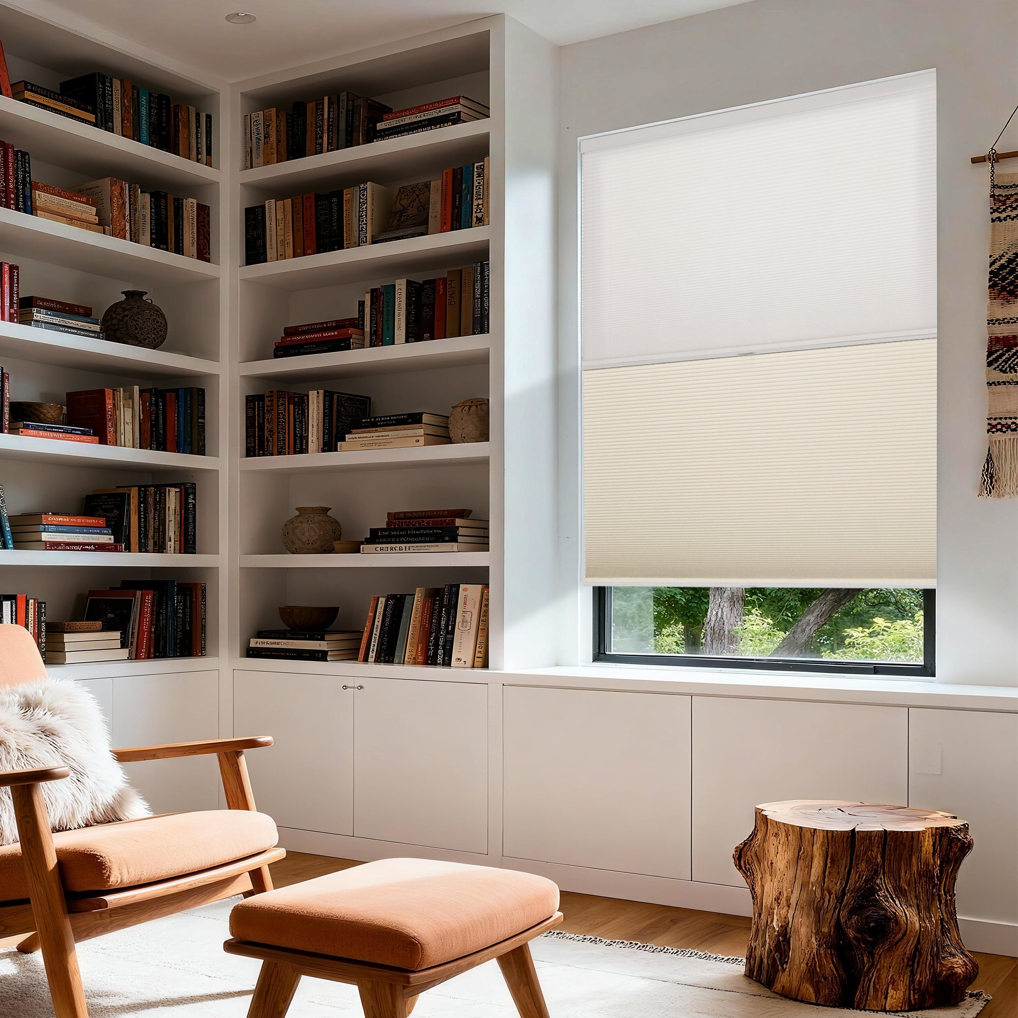 no drill day and night cellular shades with light filtering shade and blackout shade half open in a home office | hestia blinds