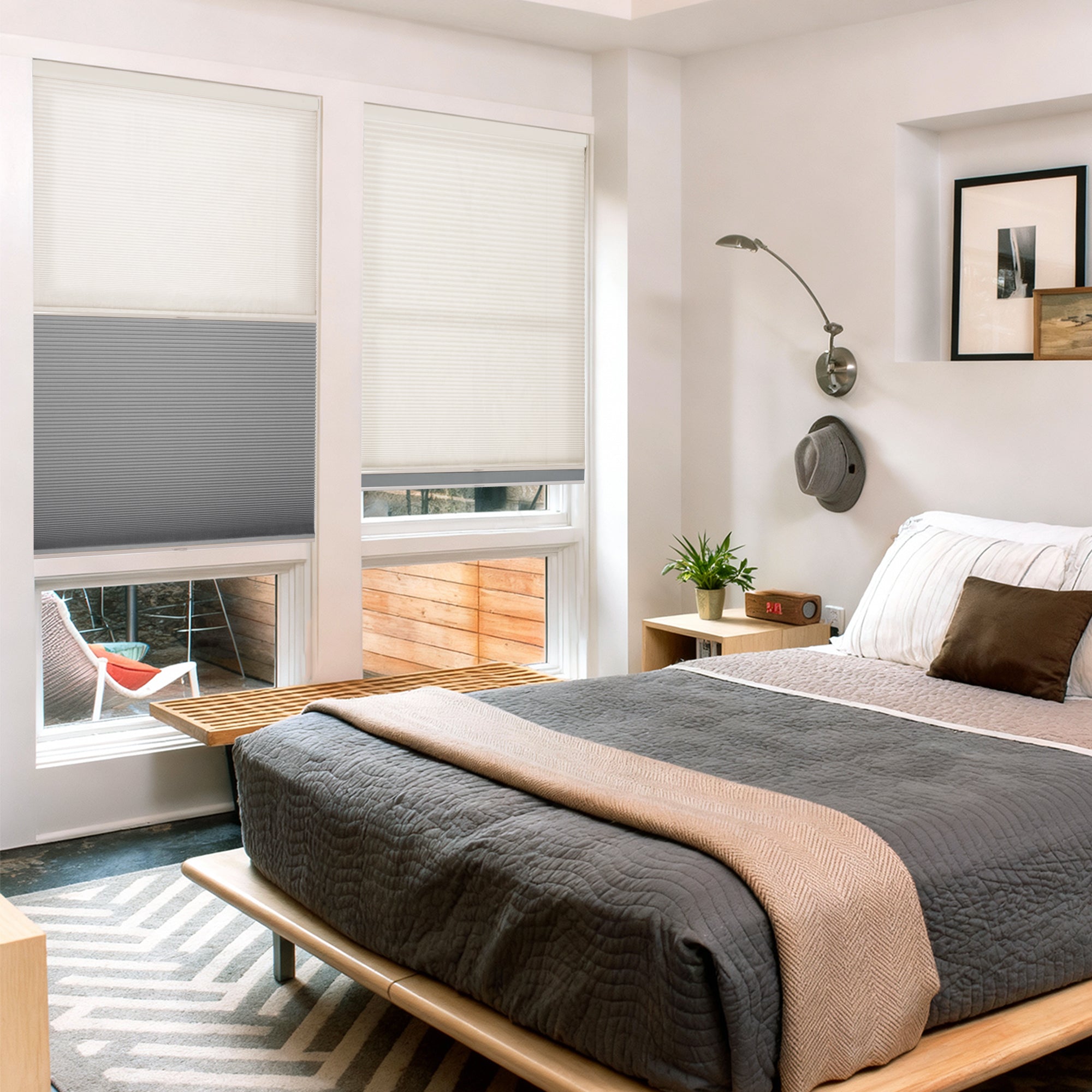 no drill day and night cellular shades two-on-one cordless honeycomb shades providing flexible light control in a bedroom | hestia blinds