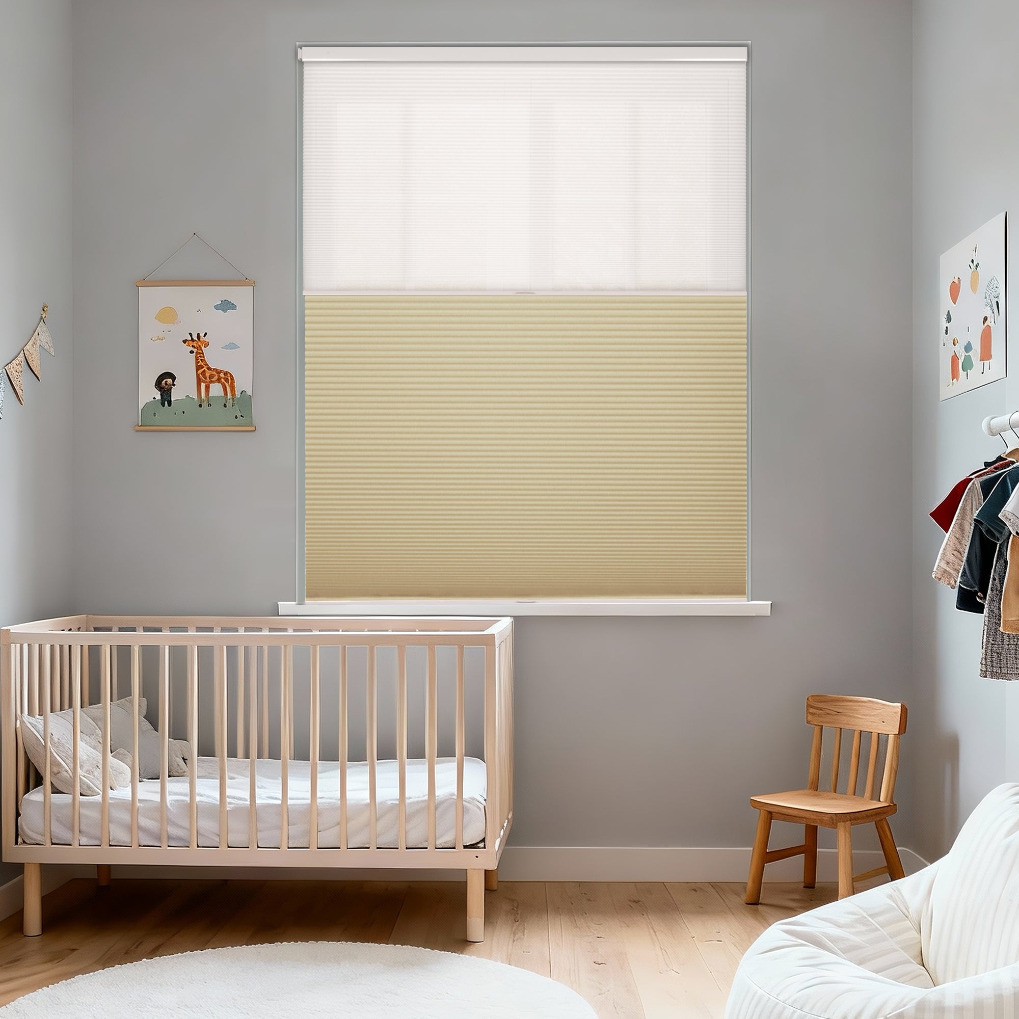 no drill day and night cellular shades cordless two-on-one honeycomb shades providing safety, temperature control and noise reduction for a kid's room | hestia blinds