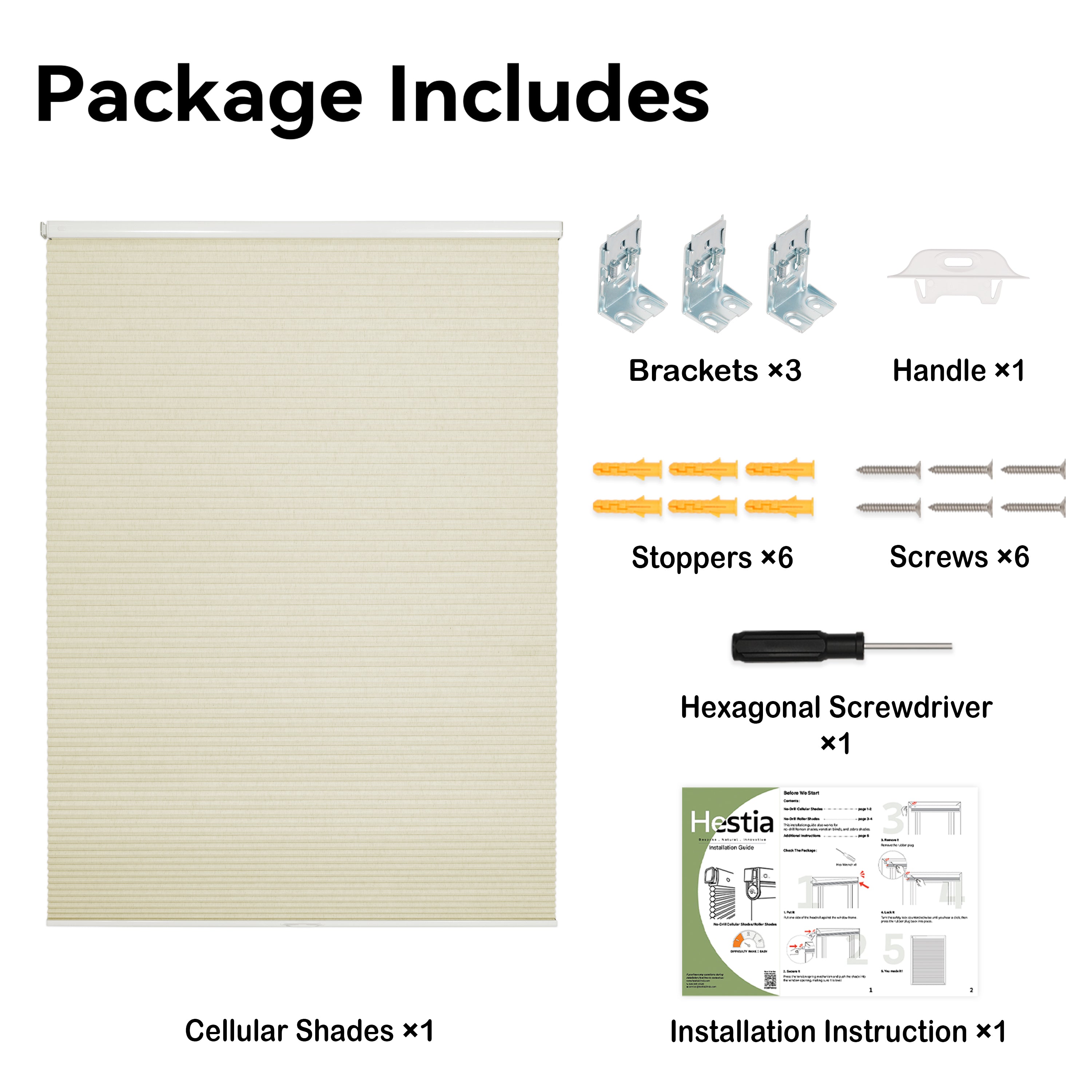 package contents for the cordless no drill fabric-wrapped cellular shade, showing all included parts and accessories | hestia blinds
