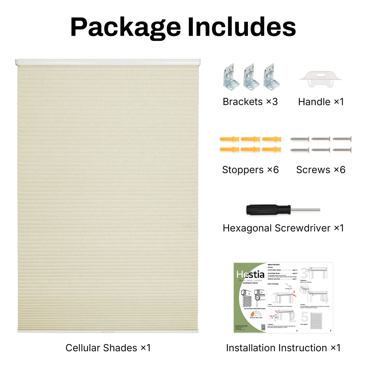 package contents for the no drill natural linen large cell insulated cellular shades , showing all included parts and accessories | hestia blinds
