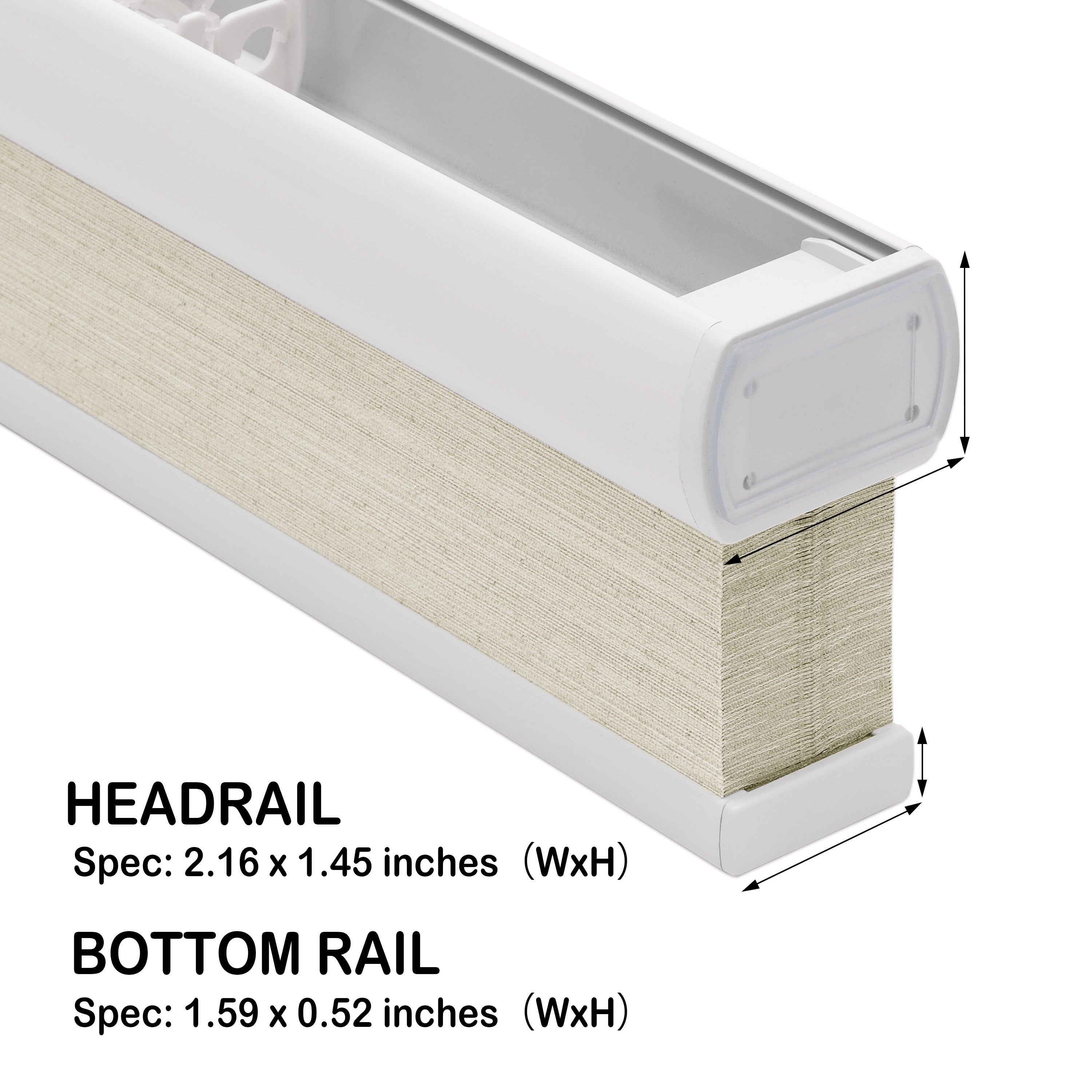 cordless no drill fabric-wrapped cellular shade side view, showing headrail and bottom rail width and height | hestia blinds