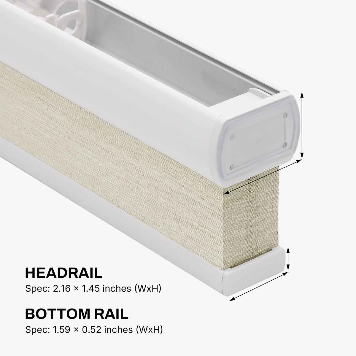 no drill natural linen large cell insulated cellular shades side view, showing headrail and bottom rail width and height | hestia blinds