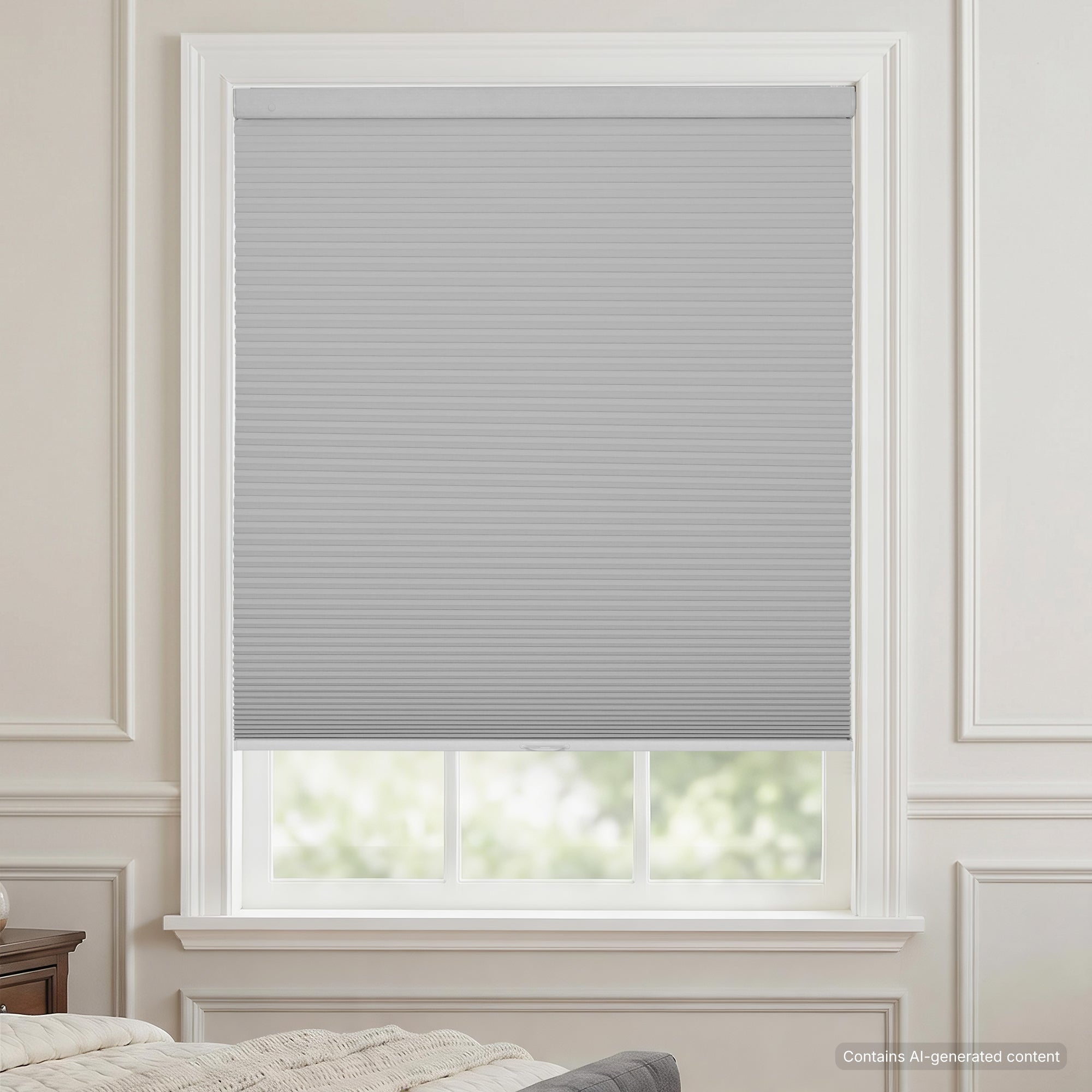 cordless no drill cellular shade for large and wide windows in minimalist gray, full blackout, creating a cozy, restful bedroom ambiance | hestia blinds